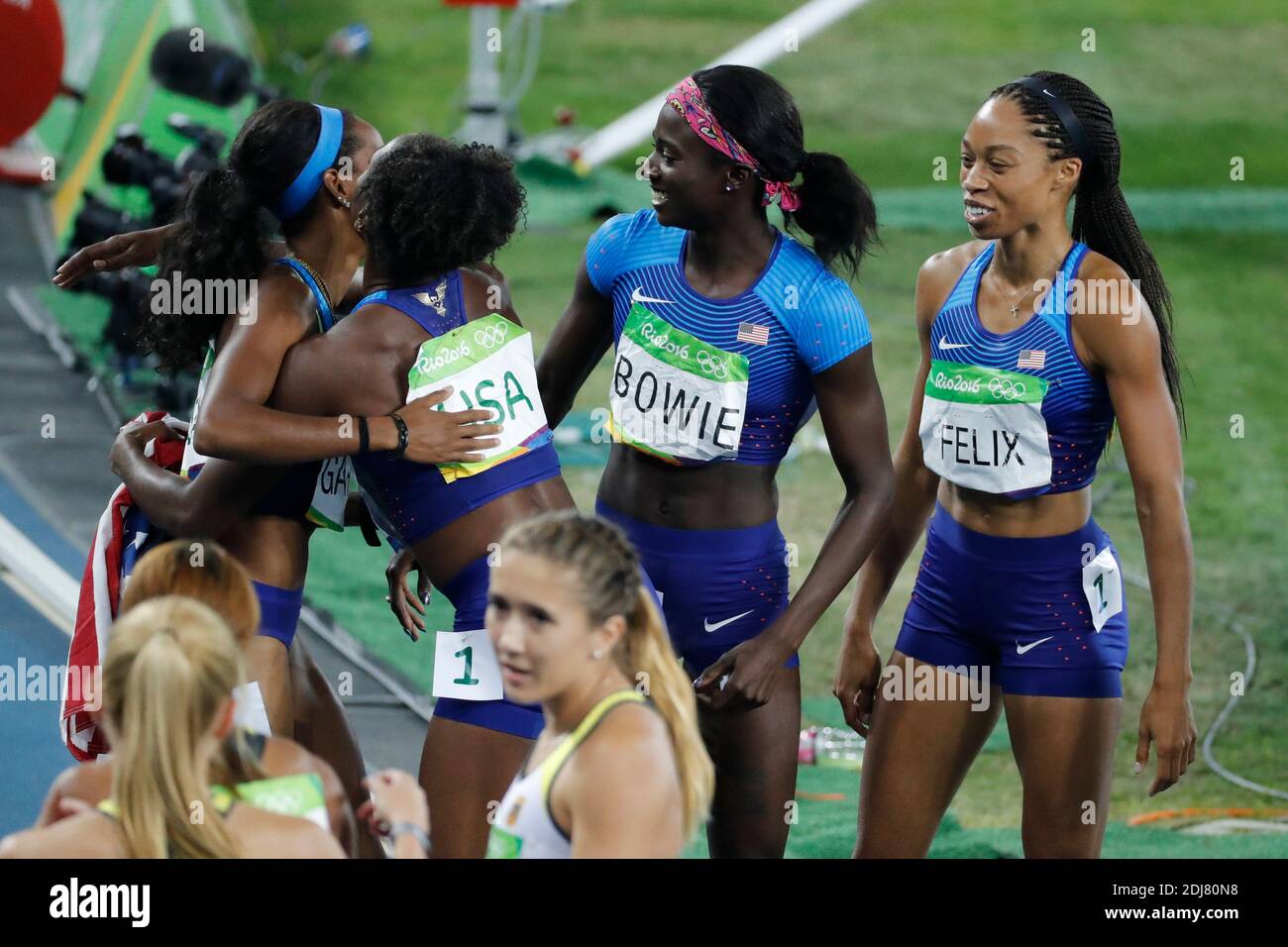 USA's team won a gold medal in the 4X100 m relay women final in Olympic