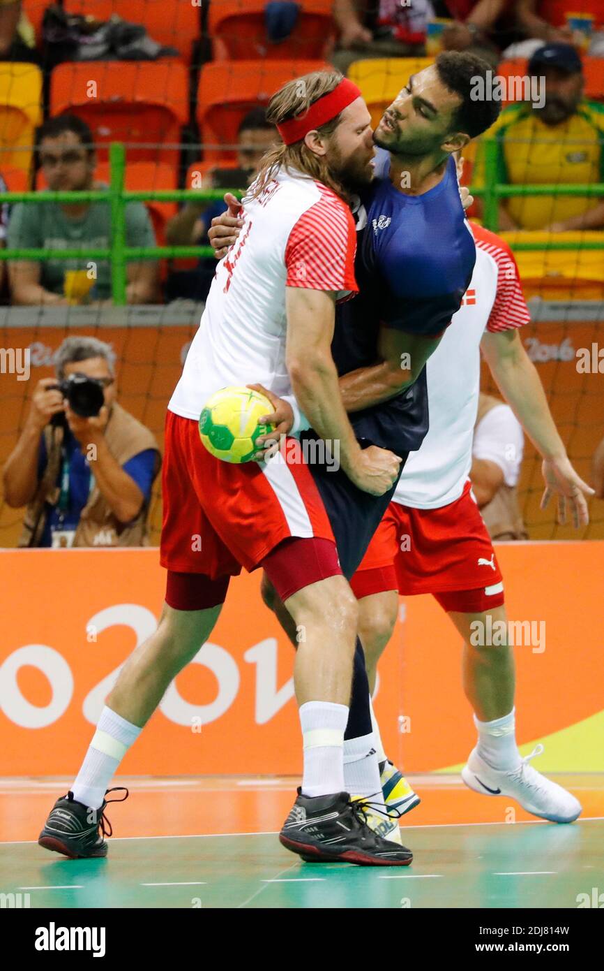 France's Adrien Dipanda battling Danemark's Mikel Hansen during the Final handball match France vs Danemark in Future Arena, Rio, Brasil on August 21st, 2016. Photo by Henri Szwarc/ABACAPRESS.COM Stock Photo
