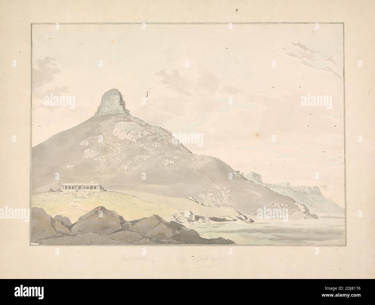 Sugar Loaf, Cape of Good Hope, Samuel Davis, 1757–1819, British, 1779, Watercolor, with pen, in gray ink, gray wash, and graphite on medium, slightly textured, cream, laid paper, mounted on, thick, moderately textured, cream, laid paper, Mount: 18 × 25 7/16 inches (45.7 × 64.6 cm) and Sheet: 13 1/2 × 19 1/4 inches (34.3 × 48.9 cm Stock Photo