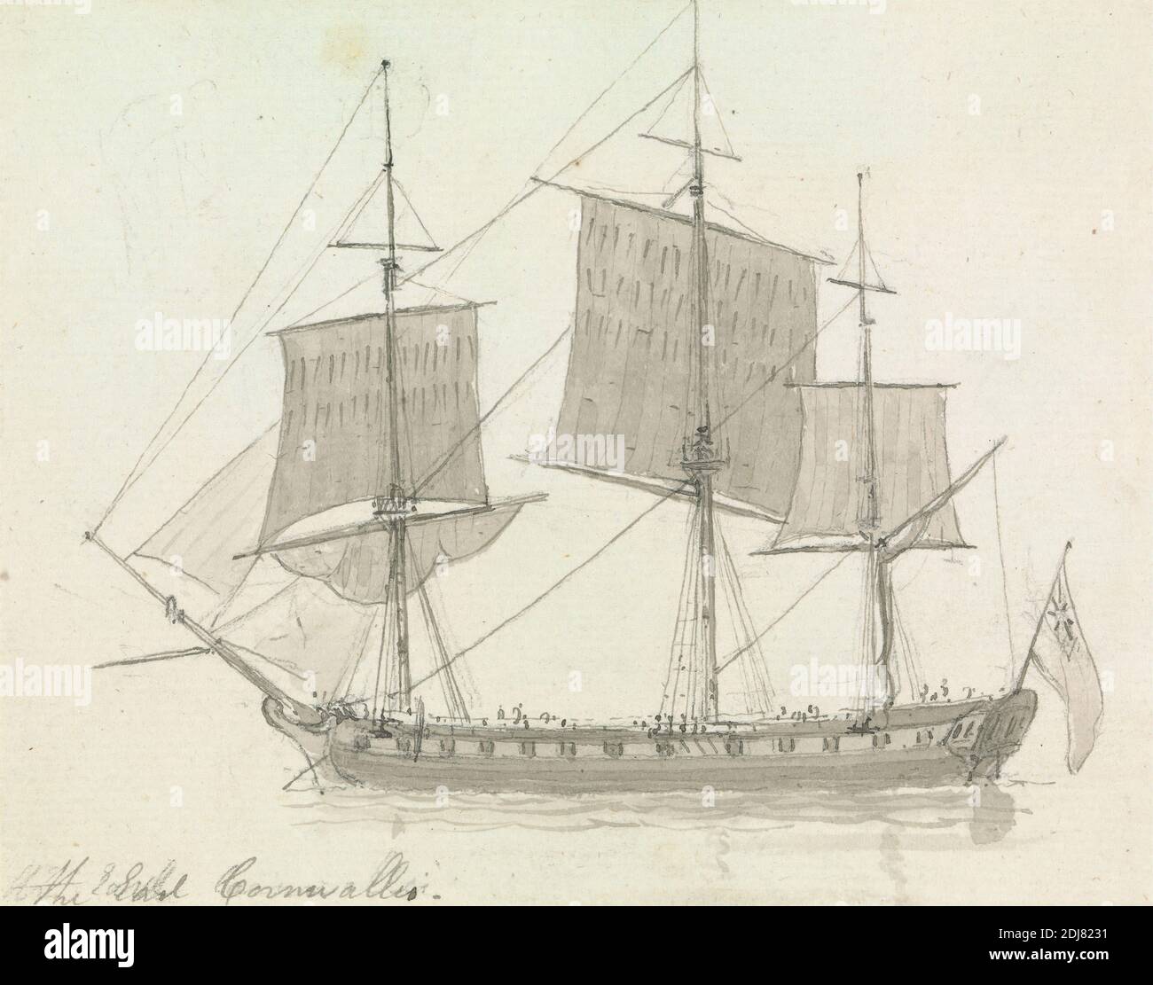 Ship, 'The Earl Cornwallis', Thomas Daniell, 1749–1840, British, active in India, ca. 1790, Gray ink and gray wash over graphite on medium, smooth, cream laid paper, Sheet: 4 3/8 x 5 1/2 inches (11.1 x 14 cm), flag, marine art, sails, ship Stock Photo