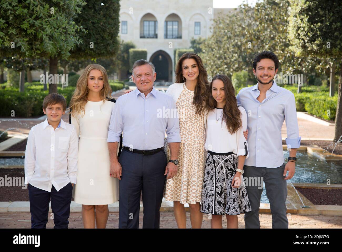 File photo - New photo of Jordan Royal Family, from L : Prince Hashem (12), Princess Iman (20), King Abdullah II, Queen Rania, Princess Salma (16) and Crown Prince Hussein (22), posing at Royal Palace, in Amman, Jordan in August 2015. Photo by Balkis Press/ABACAPRESS.COM Stock Photo