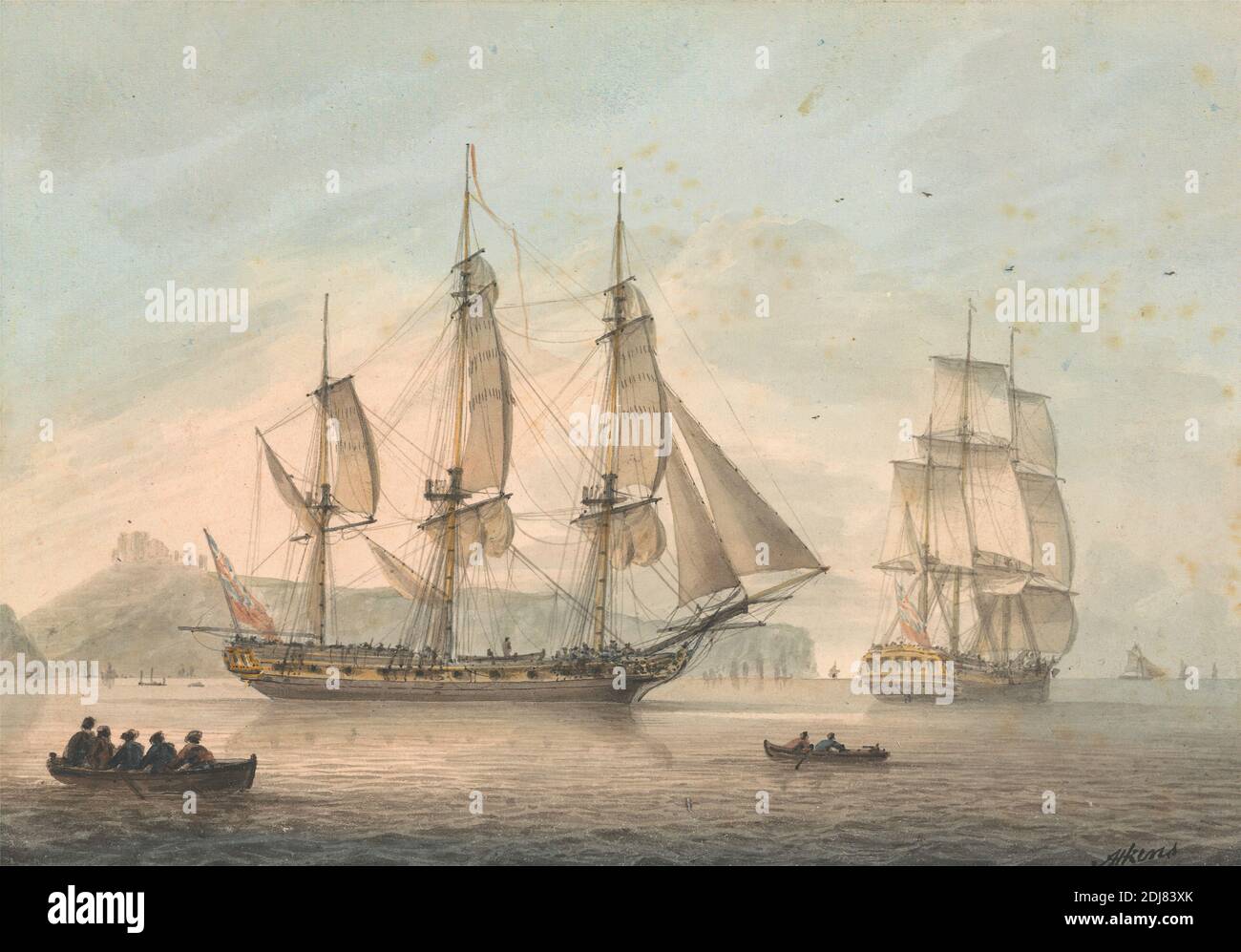 Ships of the Line off Dover, Samuel Atkins, active 1787–1808, British, active in the East Indies (1796–1804), undated, Watercolor and pen and black ink on medium, slightly textured, cream laid paper, Sheet: 4 5/8 × 6 5/8 inches (11.7 × 16.8 cm), boats, clouds, coast, Grand Tour, marine art, men, sails, ships, Dover, England, Europe, Kent, United Kingdom Stock Photo
