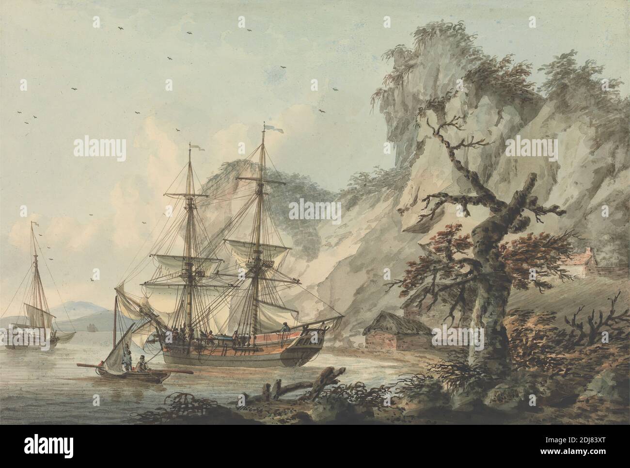Merchant Ship off Shore, Samuel Atkins, active 1787–1808, British, active in the East Indies (1796–1804), undated, Watercolor, pen and brown ink, and graphite on medium, slightly textured, cream wove paper, Sheet: 8 × 11 7/8 inches (20.3 × 30.2 cm), landscape, marine art, merchants, sail, ships, shoreline Stock Photo