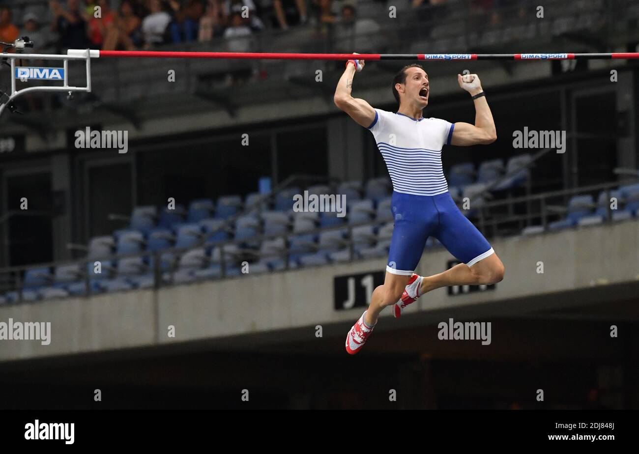 French pole vaulter Renaud Lavillenie competes in the Paris Athletics Meeting, the 12th leg of