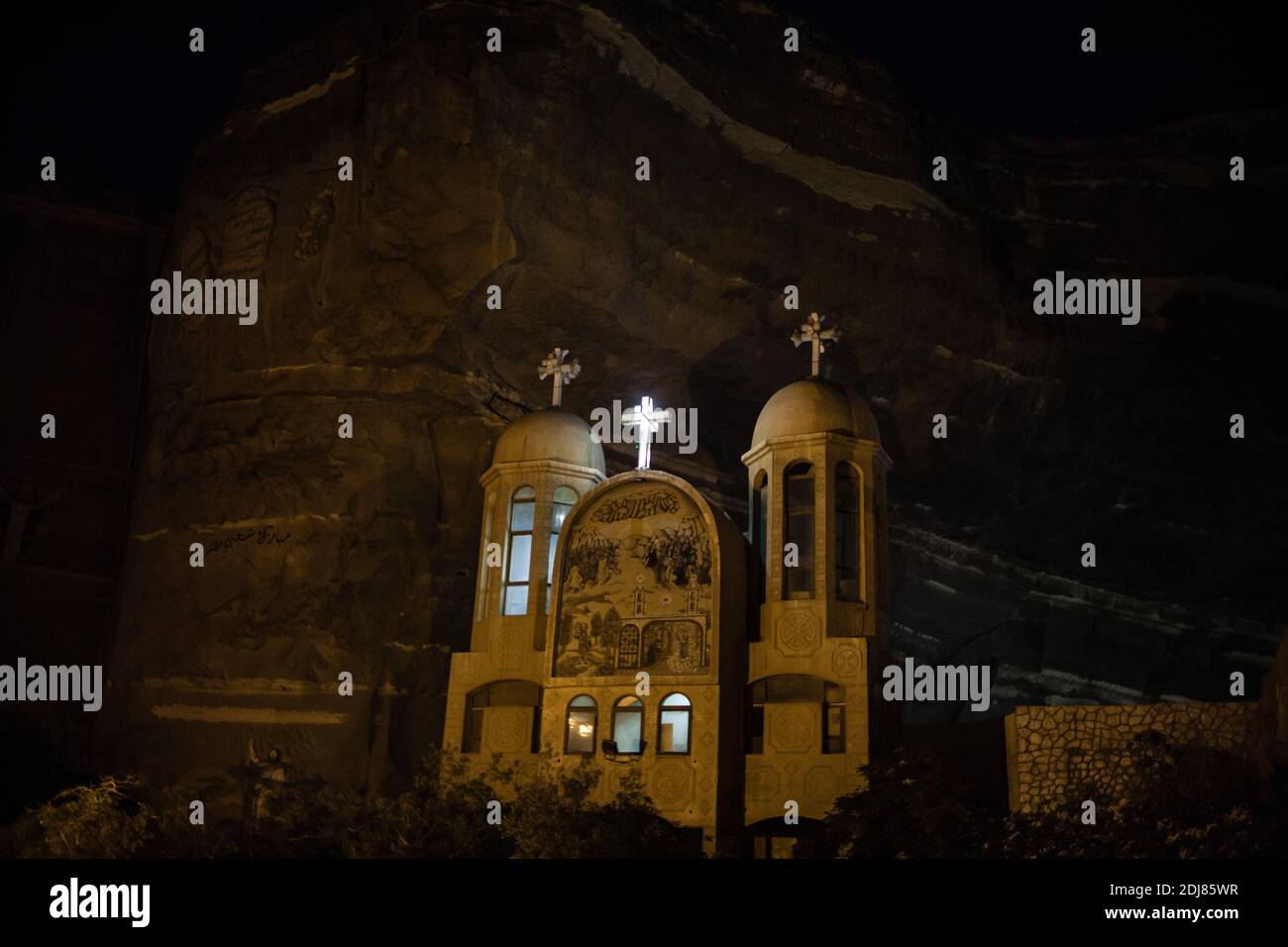 NO WEB/NO APPS - St. Sama'an Cathedral (Saint Simon church) in the Mokattam village nicknames ''Garbage City'', in Cairo, Egypt, on August 19, 2016. The Monastery of Saint Simon (Saint Samaan), also known as the Cave Church, is located in the Mokattam mountain in southeastern Cairo. Hundreds of Muslims go every week to the church of Sama'an (the largest Christian church in the Middle East), for a seance of exorcism. Photo by Etienne Bouy/ABACAPRESS.COM Stock Photo
