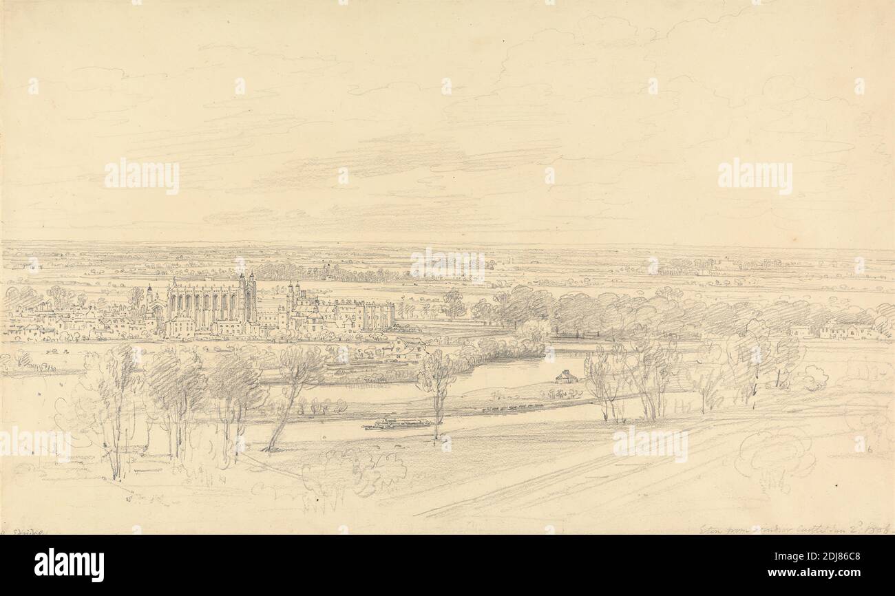 View of Eton from Windsor Castle, Henry Edridge, 1769–1821, British, 1806, Graphite on moderately thick, slightly textured, cream wove paper, Sheet: 9 5/8 × 15 7/8 inches (24.4 × 40.3 cm), architectural subject, architecture, boat, landscape, river, town, trees, Berkshire, England, Eton, Europe, United Kingdom Stock Photo