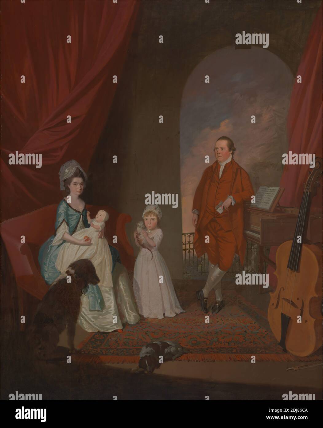 Family Group, James Millar, ca.1735–1805, British, between 1774 and 1780, Oil on canvas, Support (PTG): 50 × 40 1/2 inches (127 × 102.9 cm), arch, baby, balcony, breeches, buckles, cat (domestic cat), cello, children, coat, conversation piece, costume, couch, couple, curtains, daughter, dogs (animals), dresses, family, father, girl, gown, harpsichord, husband, keystone, letter, man, mother, music, musical instruments, parents, piano, pianoforte, portrait, red, rug, sheet music, shoes, silk, stockings, wife, window, woman Stock Photo