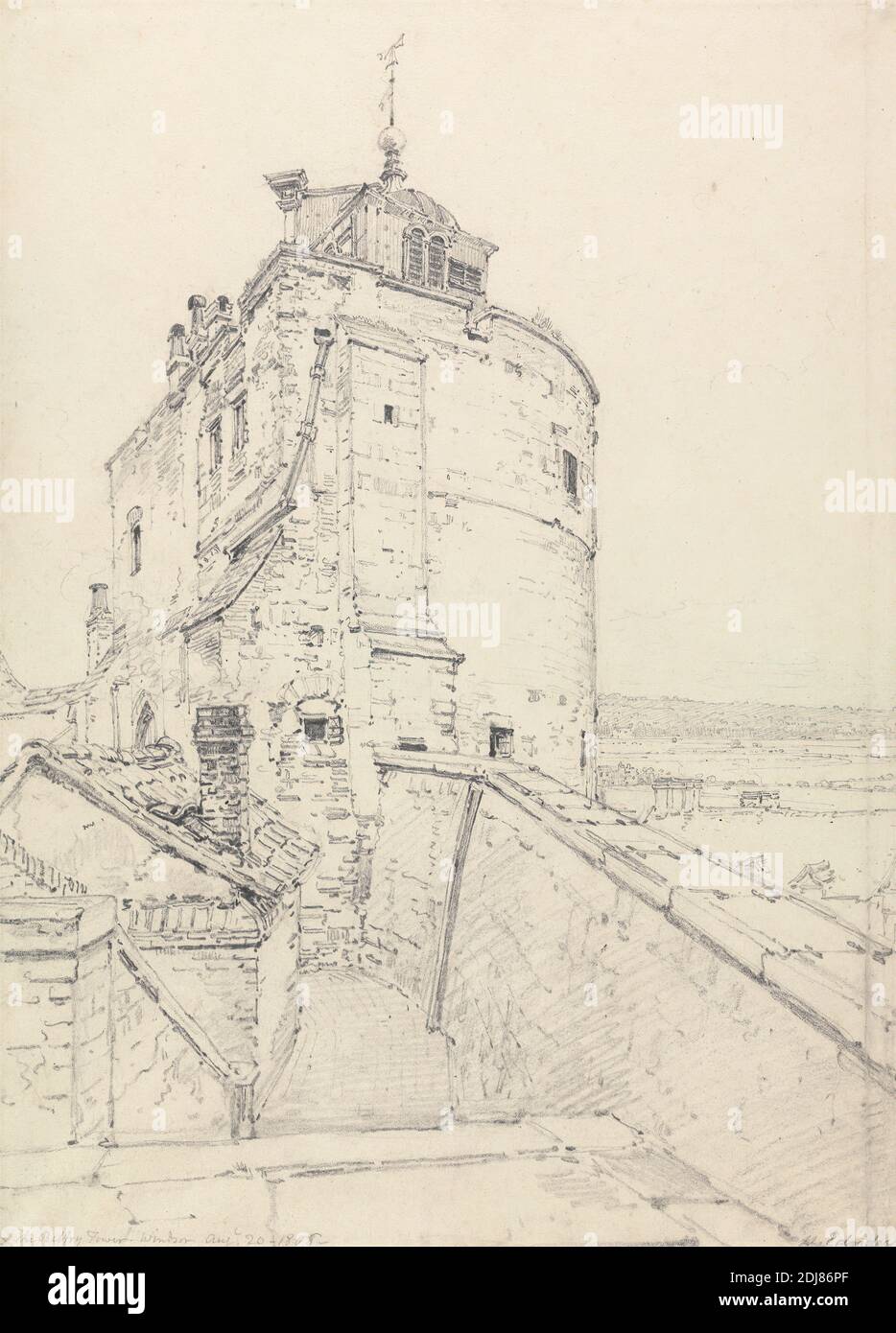 The Curfew Tower, Windsor, Henry Edridge, 1769–1821, British, 1808, Graphite on moderately thick, slightly textured, cream wove paper, Sheet: 14 1/2 × 10 1/2 inches (36.8 × 26.7 cm), architectural subject, chimney, tower (building division), walls, weathervane, England, Europe, United Kingdom, Windsor, Windsor and Maidenhead Stock Photo