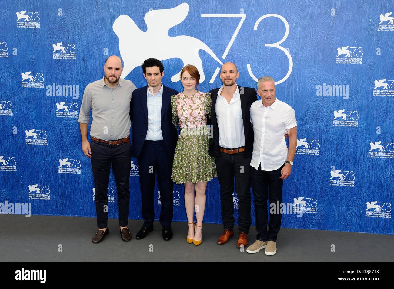 Producer Jordan Horowitz, director Damien Chazelle, actress Emma Stone,  producers Fred Berger and Marc Platt attending the 'La La Land' Photocall  on the Lido in Venice, Italy as part of the 73rd