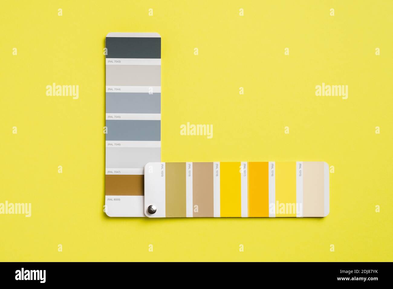 Palette with color of the year 2021 - Ultimate Gray and Illuminating  yellow. Trendy color swatches. Flat lay, top view Stock Photo - Alamy