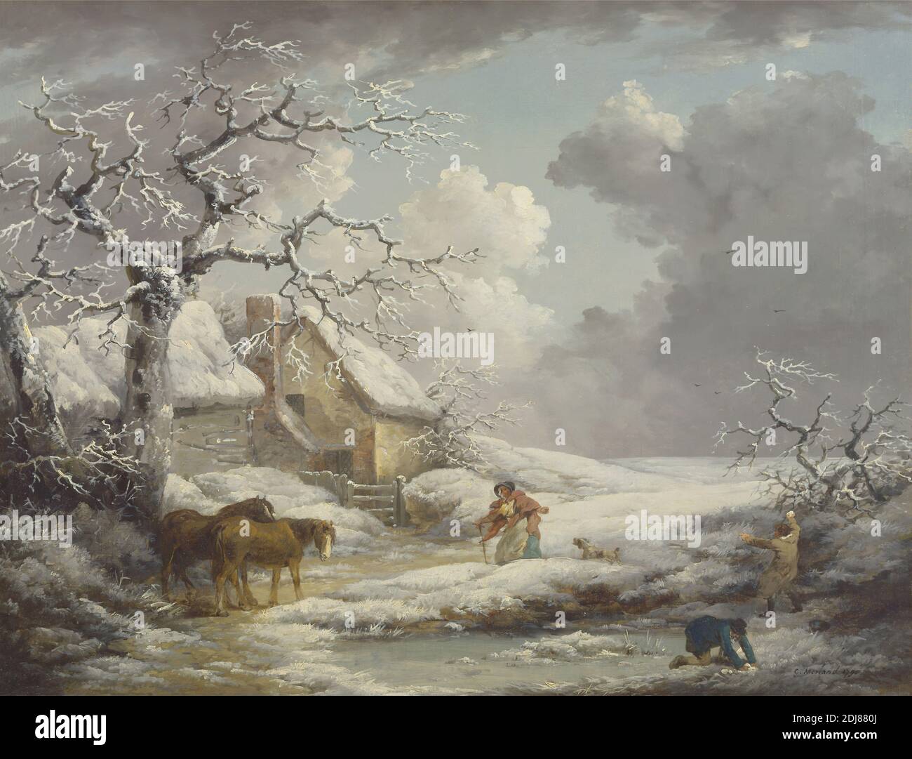 Winter Landscape, George Morland, 1763–1804, British, 1790, Oil on canvas, Support (PTG): 27 1/2 x 35 1/2 inches (69.9 x 90.2 cm), animals, bonnet, cane, chimney (architectural element), clouds, cold, cottage, dog (animal), family, farmhouse, frozen, games, gate, genre subject, hats, horses (animals), ice, landscape, men, outerwear, pond, redingote (overcoat), rural, shawl, shawls, sky, snow, thatching, trees, winter, woman Stock Photo
