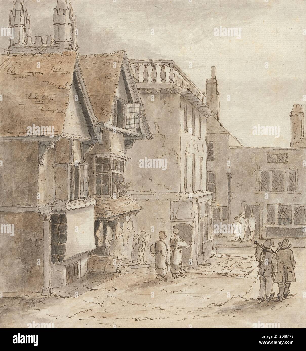 At Ashford, Attributed to Rev. Daniel Finch, 1757–1840, British, 1818, Pen, brown ink, gray ink, and graphite on medium, slightly textured, cream laid paper, Sheet: 8 1/2 × 8 inches (21.6 × 20.3 cm), architectural subject, cityscape, meat, patrons, shops, street, town, windows, Ashford, England, Europe, Kent, United Kingdom Stock Photo