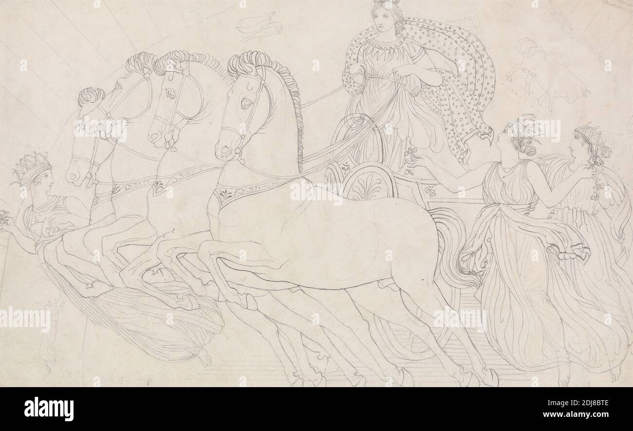 The Morn, All Beauteous to Behold, from Aeschylus, The Persians, after John Flaxman, 1755–1826, British, undated, Graphite on medium, slightly textured, cream wove paper, Sheet: 7 7/8 x 12 5/8 inches (20 x 32.1 cm), chariot, goddesses, horses (animals), horses (animals), literary theme, tragedy, women Stock Photo