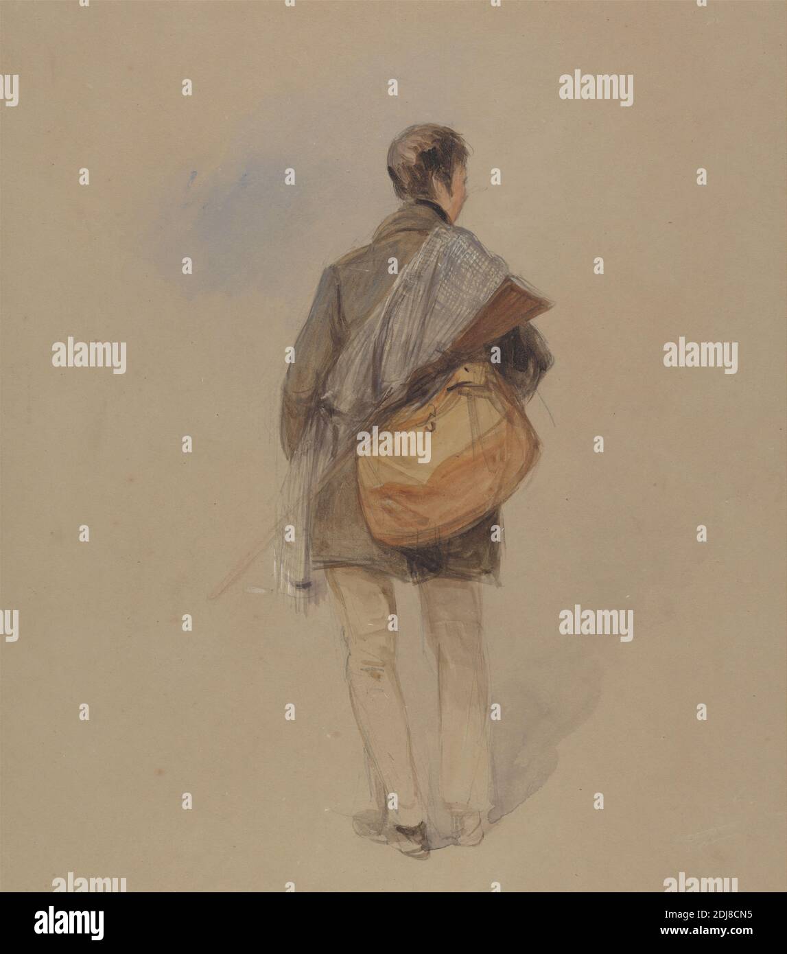 A Man With a Gun, William Evans of Eton, 1798–1877, British, undated, Watercolor, white gouache, and graphite on very thick, slightly textured, brown wove paper, Sheet: 13 1/4 × 11 7/8 inches (33.7 × 30.2 cm), figure study, genre subject, guns, man, rifle, traveling bag Stock Photo
