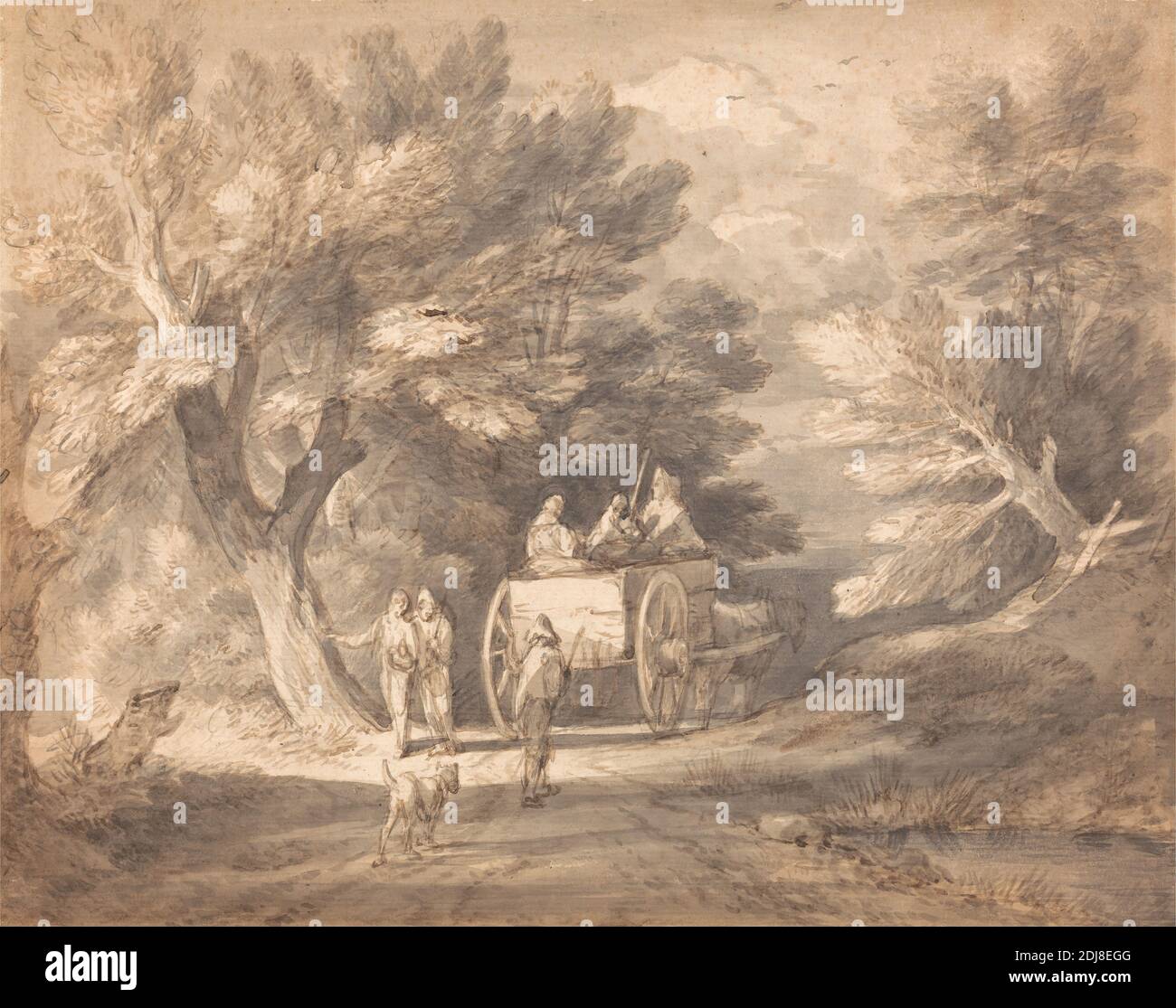 Wooded Landscape with Country Cart and Figures Walking down a Lane, Thomas Gainsborough RA, 1727–1788, British, ca. 1760, Pen and brown ink with gray wash over graphite on medium, slightly textured, cream laid paper, laid onto contemporary (wash-line) mount, Sheet: 10 5/8 x 13 3/8 inches (27 x 34 cm), birds, dog (animal), grass, horse (animal), landscape, men, path, sticks, stump, trees, wagon Stock Photo