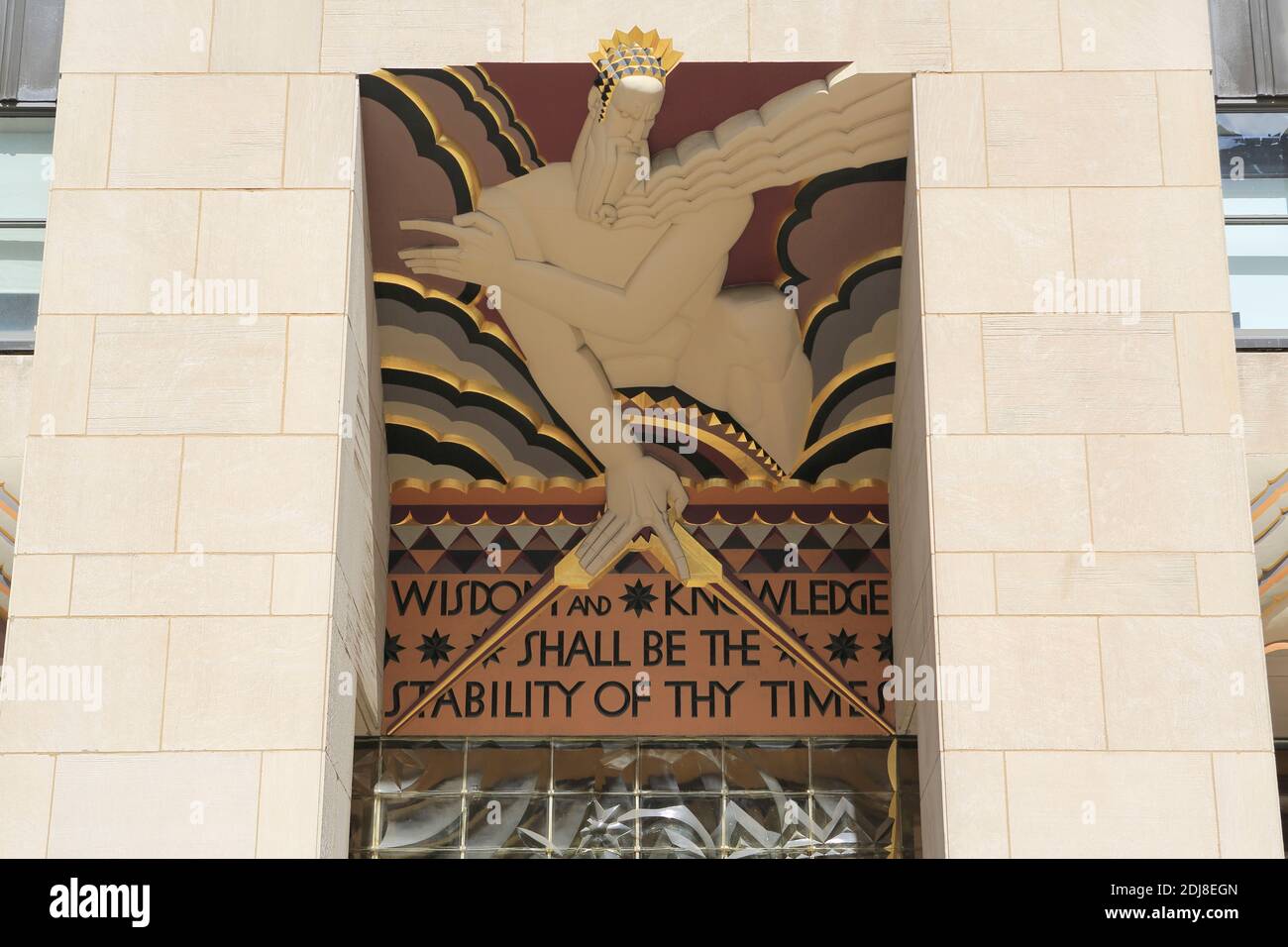 Art Deco Art, Wisdom, Entrance 30 Rockefeller Plaza, Rockefeller Center, Midtown, Manhattan, New York City, New York, USA Stock Photo
