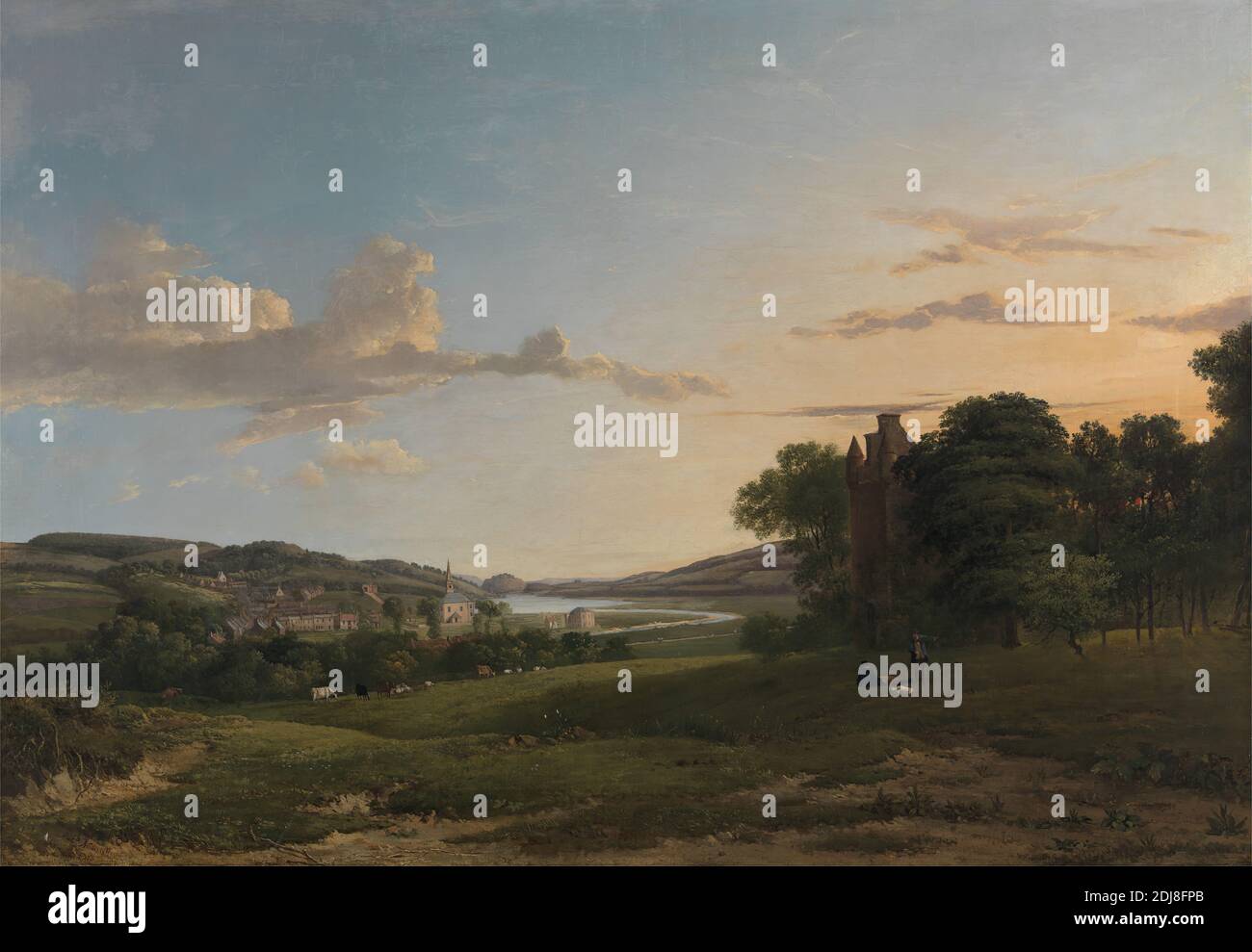 A View of Cessford and the Village of Caverton, Roxboroughshire in the Distance, Patrick Nasmyth, 1787–1831, British, 1813, Oil on canvas, Support (PTG): 23 x 33 1/2 inches (58.4 x 85.1 cm), animals, buildings, castle, cows, field, hills, lake, landscape, livestock, men, rural, town, view, village, water, Kale Water, Roxburghshire, Scotland, Scottish Borders, United Kingdom Stock Photo