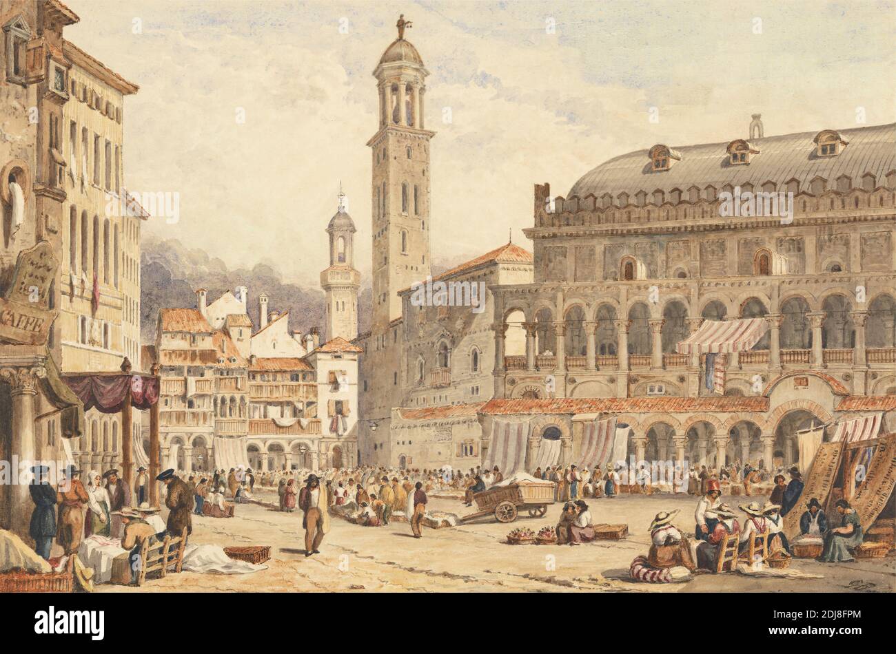 Piazza Salone, Padua, George Franklin, active 1825–1845, British, 1836, Watercolor, pen and brown ink and graphite on medium, slightly textured, cream wove paper, Sheet: 7 3/4 × 11 5/8 inches (19.7 × 29.5 cm), cityscape, crowd, Grand Tour, piazza, Padua Stock Photo