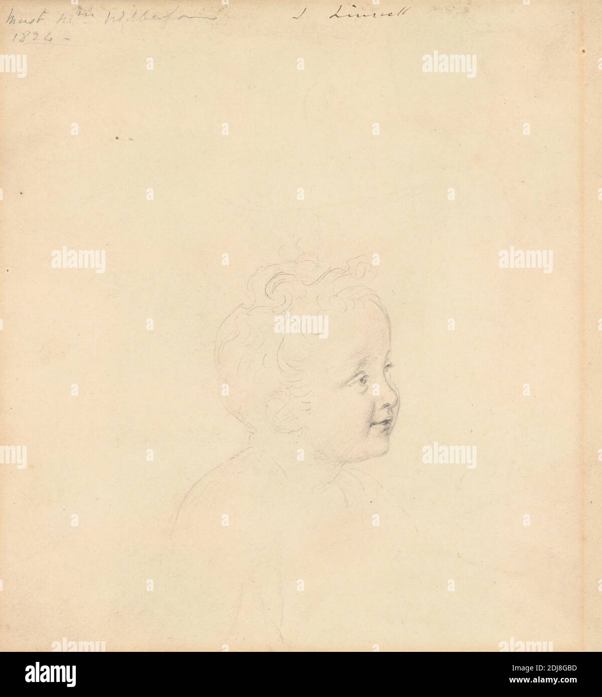 Study for Master William Wilberforce, John Linnell, 1792–1882, British, 1824, Graphite on moderately thick, slightly textured, beige wove paper, Sheet: 6 3/4 x 6 1/4 inches (17.1 x 15.9 cm), boy, child, figure study, gaze, portrait, study (visual work), youth Stock Photo