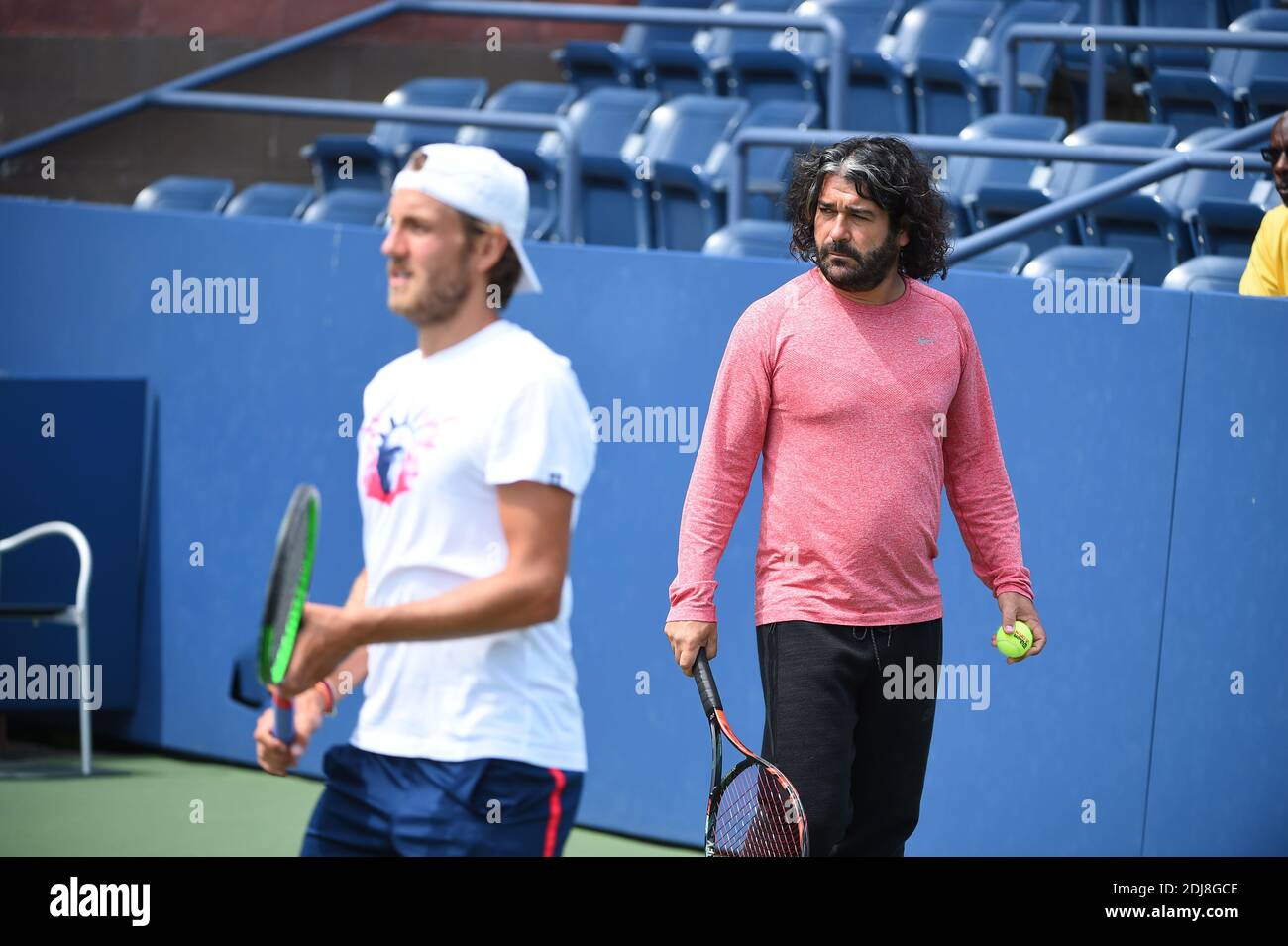 Lucas Pouille of France seen at practice along with his coach Emmanuel  Planque at the 2016 US Open at Billie Jean National Tennis Center in New  York City, NY, USA, on September