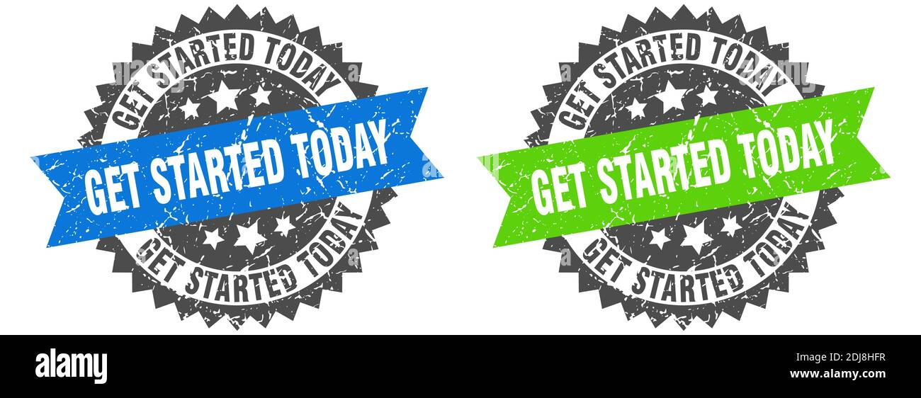 get started today grunge stamp set. get started today band sign Stock Vector