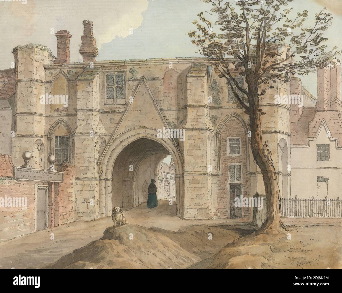 The Gatehouse, Reading Abbey, Samuel Hieronymus Grimm, 1733–1794, Swiss, undated, Watercolor with brown ink over graphite on medium, slightly textured, cream laid paper, Sheet: 9 3/8 x 12 inches (23.8 x 30.5 cm), chimneys (architectural elements), dog (animal), fence, gatehouses, landscape, school, trees, women, Berkshire, England, Reading, Reading abbey, United Kingdom Stock Photo
