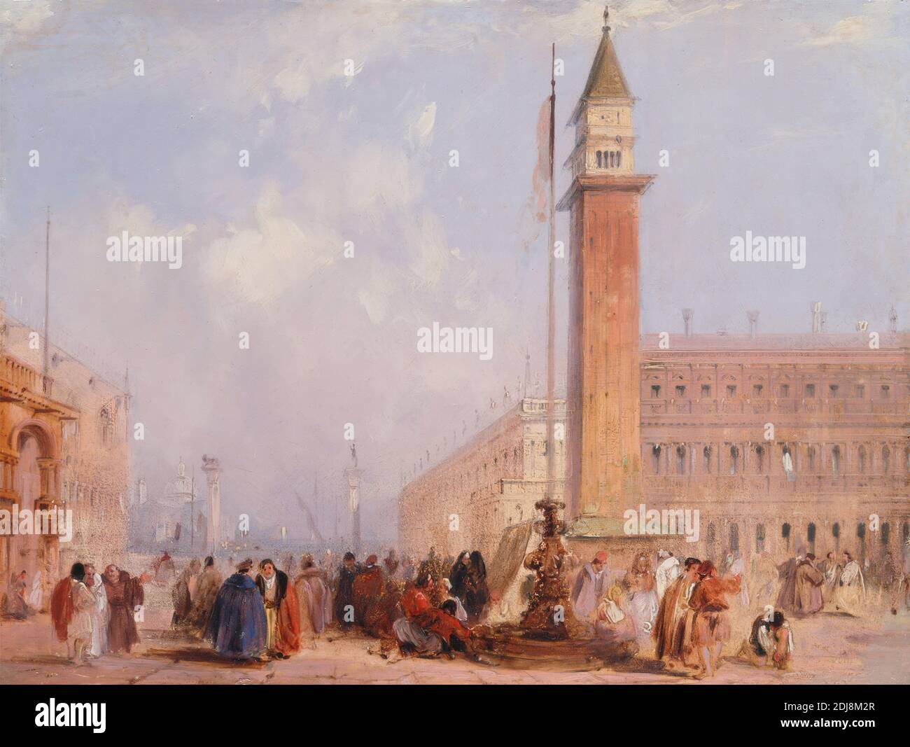 The Piazzetta, Venice, Edward Pritchett, active ca. 1828–1864, British, mid-19th century, Oil on board, Support (PTG): 5 3/4 x 8 inches (14.6 x 20.3 cm), architectural subject, architecture, campanile, city, cityscape, doge, ducal palace, flag, flagpole, fountain, genre subject, meeting, men, palace, piazza, tower (building division), women, Italy, Piazzetta di San Marco, Veneto, Venezia, Venice Stock Photo