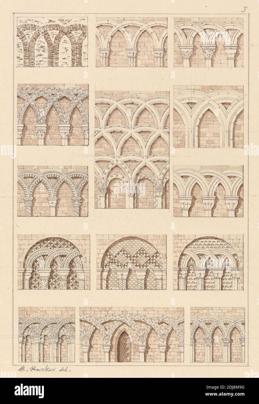 Arcades: of Interlaced Mouldings, C. Hacker, 1830, Pen and brown ink, graphite and brown wash on medium, slightly textured, cream wove paper, Sheet: 10 3/8 × 7 inches (26.4 × 17.8 cm), arcades, architectural subject Stock Photo