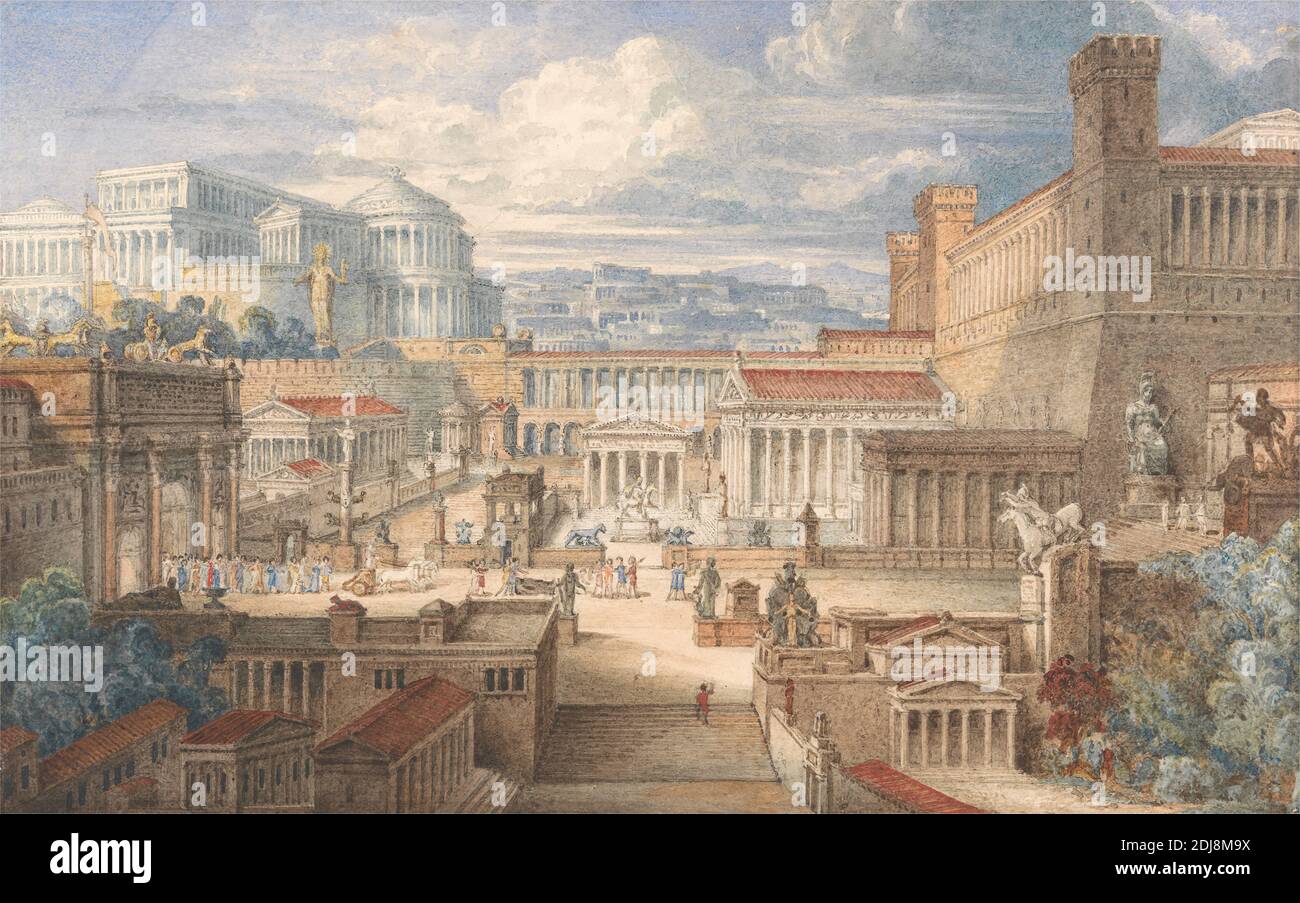 A Scene in Ancient Rome: A Setting for Titus Andronicus, I, ii, Joseph Michael Gandy, 1771–1843, British, ca. 1830, Graphite, watercolor and gouache with pen and brown ink on thick, slightly textured, cream wove paper, Sheet: 7 1/4 x 11 1/2in. (18.4 x 29.2cm), arcades, architectural subject, architecture, chariots (carriages), cityscape, clouds, columns (architectural elements), equestrian statues, Grand Tour, horses (animals), literary theme, people, plays by William Shakespeare, Roman, stairs, temples, towers (building divisions), triumphal arches, Italia, Rome Stock Photo
