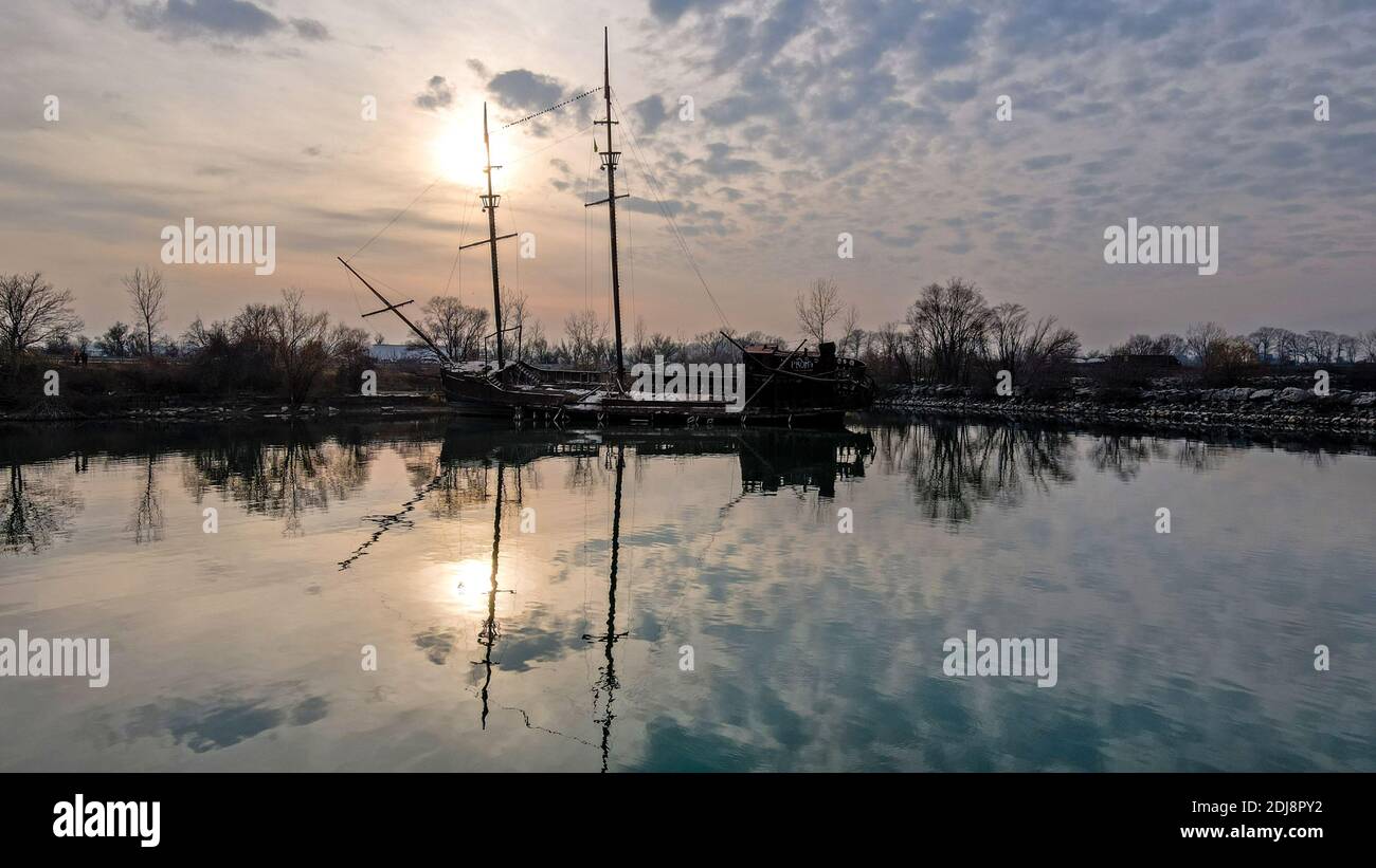 Dec 11th 2020. Lincoln Ontario Canada, La Grande Hermine @Jordan Harbour along side the QEW highway at Sunset. Luke Durda/Alamy Stock Photo