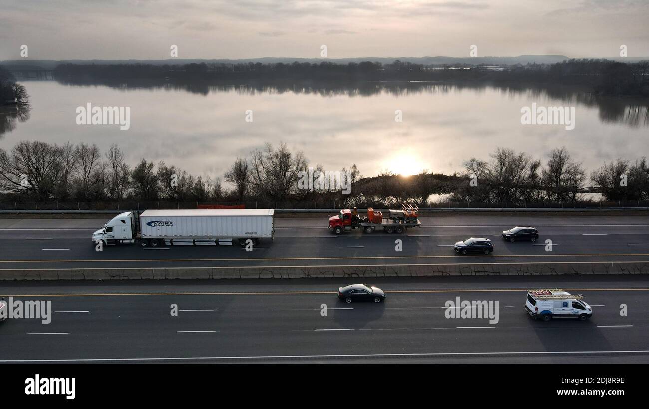 Dec 11th 2020. Lincoln Ontario Canada, La Grande Hermine @Jordan Harbour alone side the QEW highway at Sunset. Luke Durda/Alamy Stock Photo