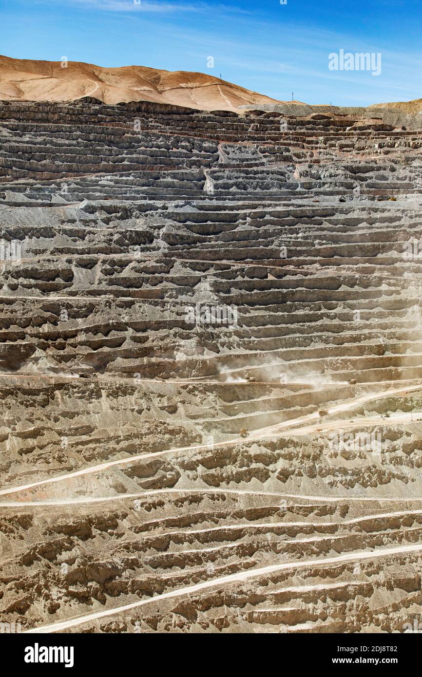 Huge machinery working the Chuquicamata open pit copper mine, the world’s largest by volume, Chile. Stock Photo