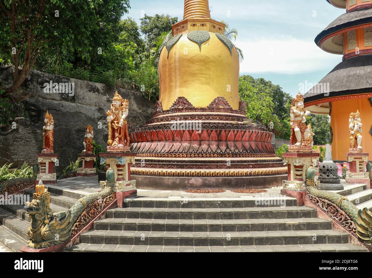 Golden stupa at Brahmavihara Arama. Vihara Buddha Banjar, Buddhist temple monastery in Banjar, Buleleng, Bali, Indonesia Stock Photo