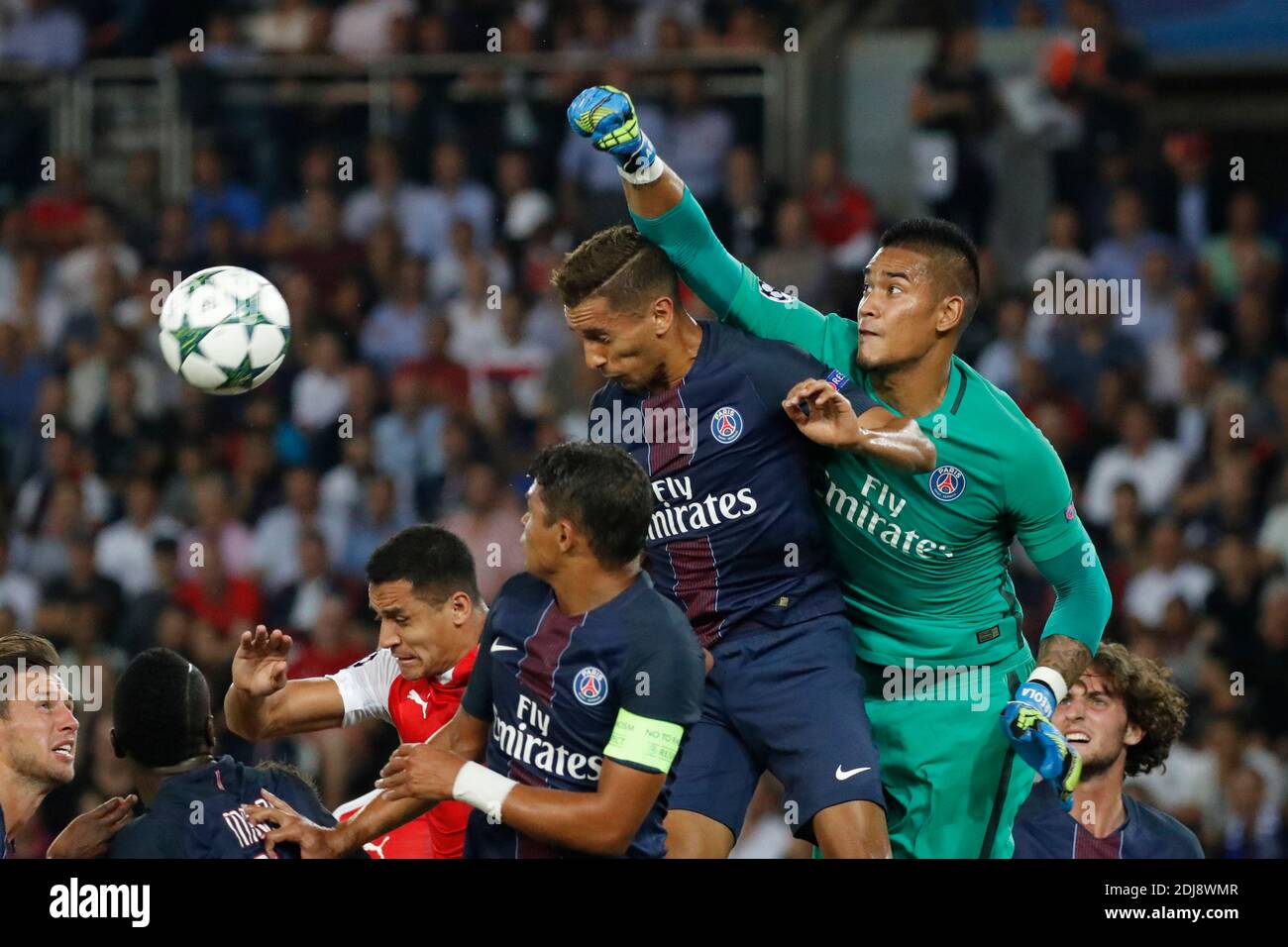 PSG's Alphonse Areola, Marquinhos and Thiago Silva during the Champion's League Group A Paris-St-Germain v Arsenal match at the Parc des Princes stadium in Paris, France, on September 13, 2016. The match ended in a 1-1 draw. Photo by Henri Szwarc/ABACAPRESS.COM Stock Photo