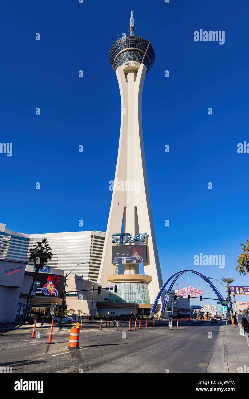 Las Vegas, Nevada, USA. 18th Nov, 2020. (EDITORS NOTE: This image was shot  with a fisheye lens.) The Las Vegas Gateway Arches are seen next to the The  STRAT Hotel, Casino 