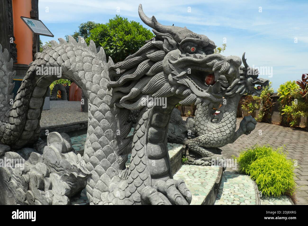 Sculpture of dragon in budhist temple Brahma Vihara-Arama Banjar in Lovina, Indonesia, Bali Stock Photo