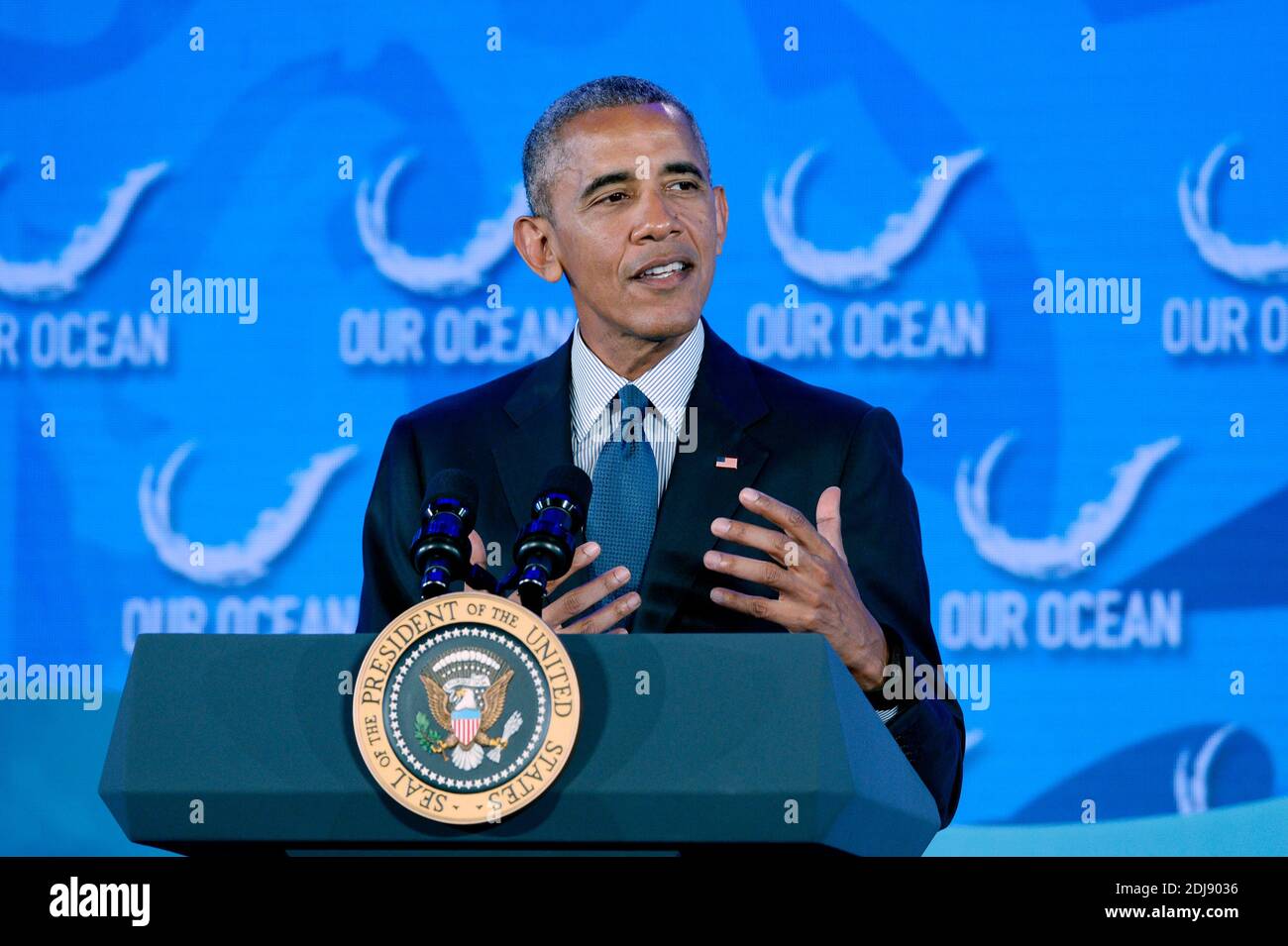 U.S. President Barack Obama speaks at the 2016 Our Ocean Conference at the State Department, September 15 2016, in Washington, DC. Presiden Obama will establish on Thursday the first national marine monument in the Atlantic, a move that's designed to permanently protect nearly 5,000 square miles of underwater canyons and mountains off the coast of New England.Photo by Olivier Douliery/ABACAPRESS.COM Stock Photo