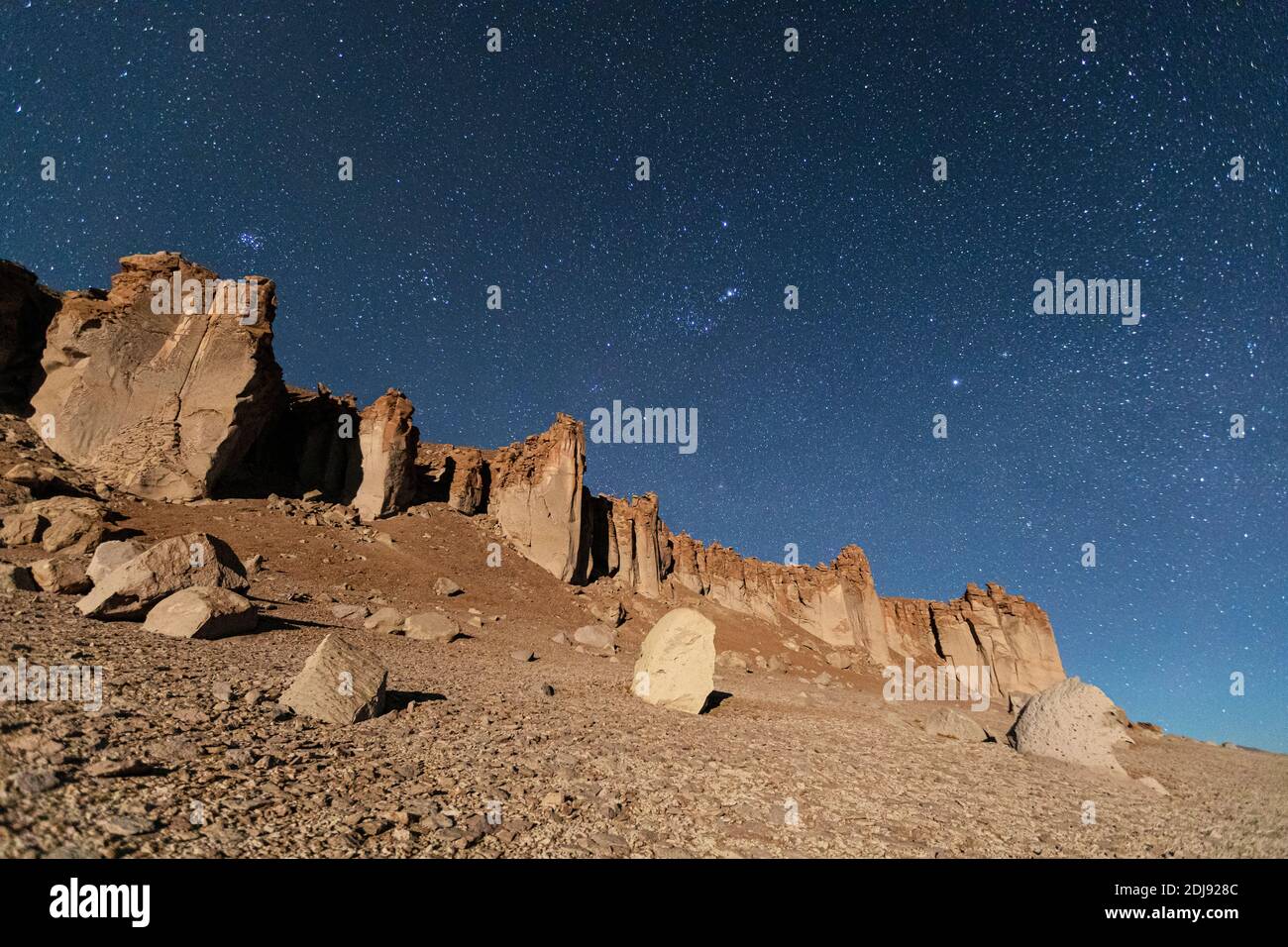Starry night at Salar de Tara y Aguas Calientes I, Los Flamencos National Reserve, Antofagasta Region, Chile. Stock Photo