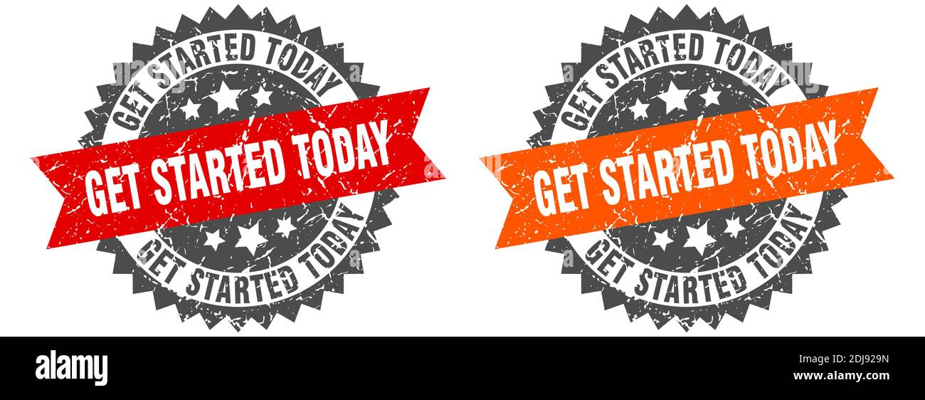 get started today grunge stamp set. get started today band sign Stock Vector