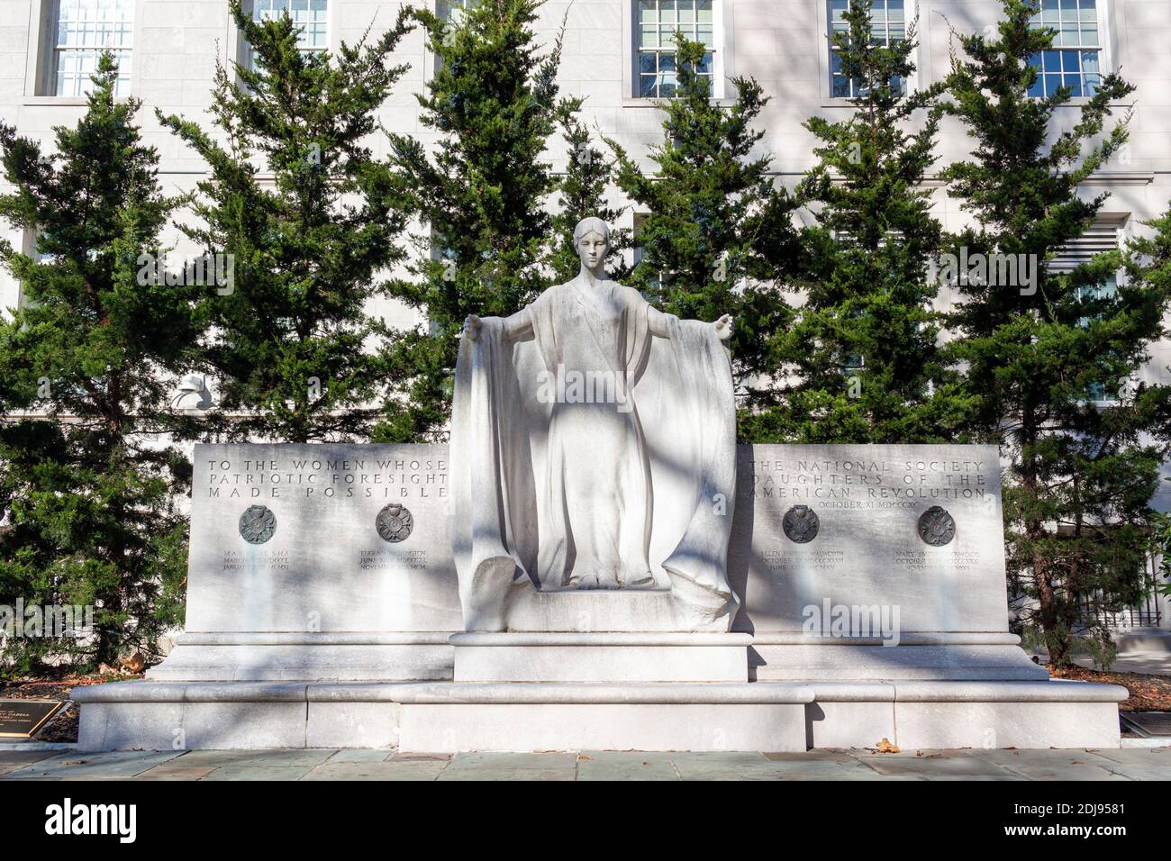 Washington DC, USA 11-29-2020: The founders monument: A marble monument located in front of the National Society of Daughter of American Revolution to Stock Photo