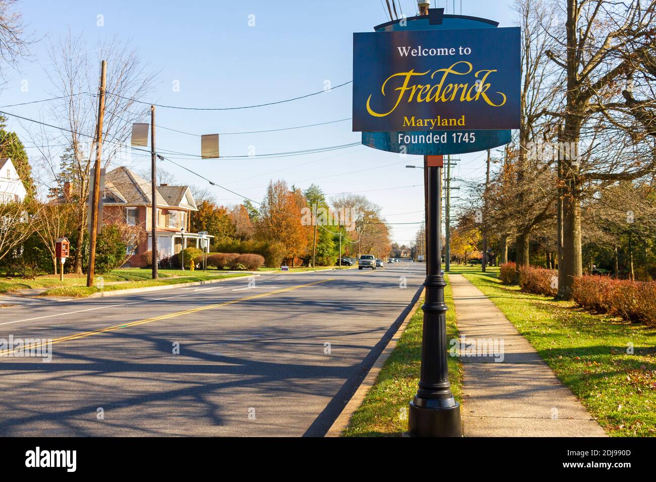 Frederick, MD, USA 11-24-2020: Welcome to Frederick sign at the outskirts of the city. Founded in 1745 this historic Maryland town is  seat of Frederi Stock Photo
