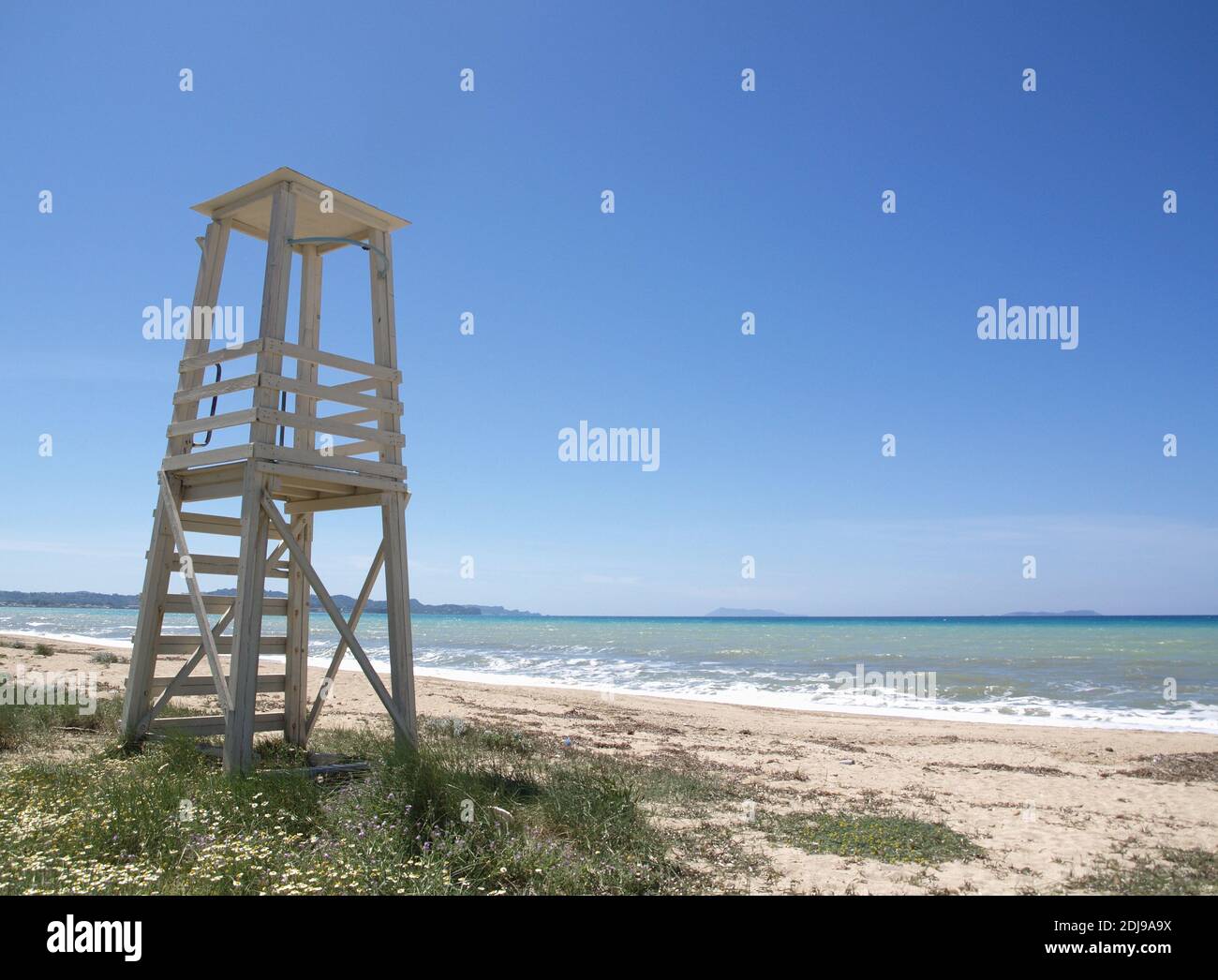 Lifeguard tower at Almyros Beach,Corfu, Greece Stock Photo