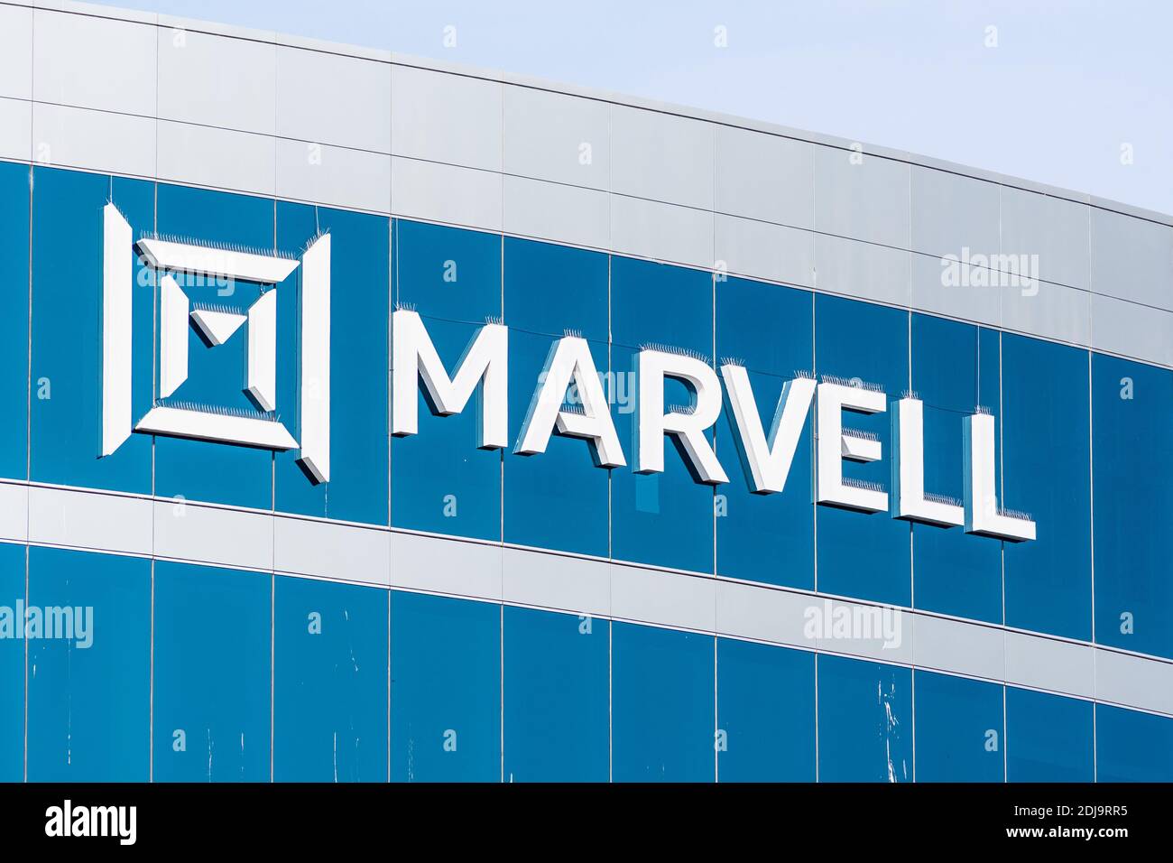 Oct 8, 2020 Santa Clara / CA / USA - Marvell logo at their operating headquarters in Silicon Valley; Marvell Technology Group is a semiconductor compa Stock Photo