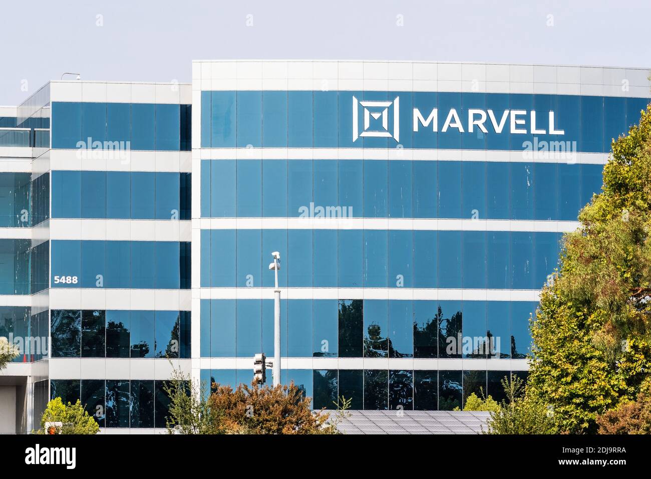 Oct 8, 2020 Santa Clara / CA / USA - Marvell Technology Group operating headquarters in Silicon Valley; Marvell Technology Group is a semiconductor co Stock Photo