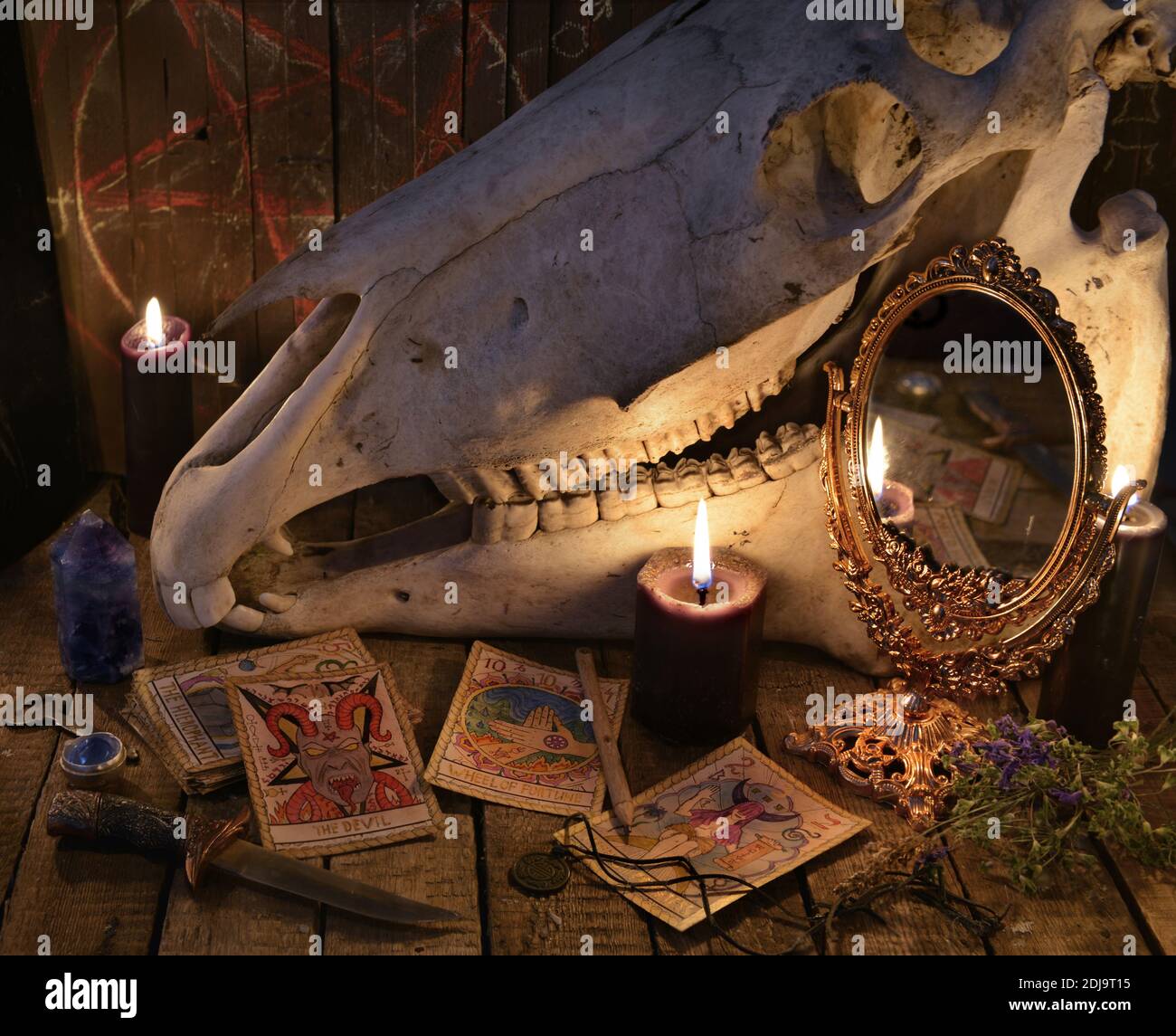 Magic ritual. Wicca, esoteric, gothic and occult background with ...