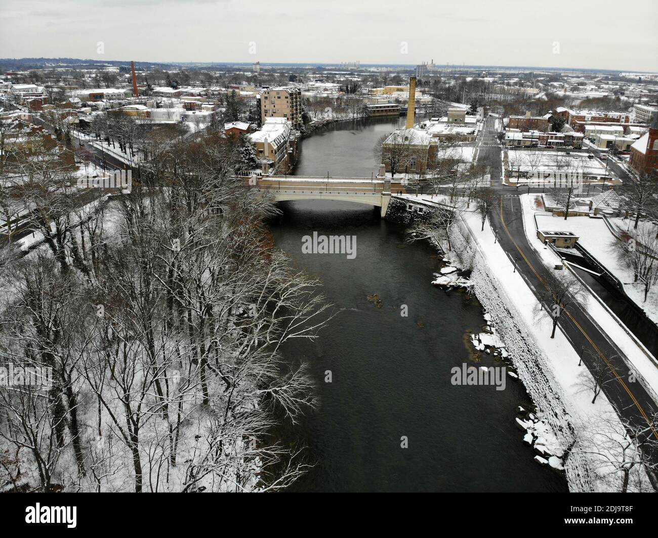 Wilmington, Delaware, U.S.A - January 13, 2019 - The aerial view of the Brandywine River and surrounding neighborhood after a snowstorm Stock Photo