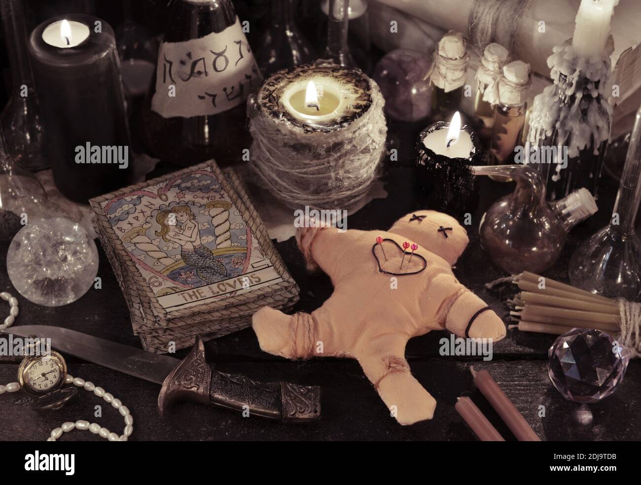 Wicca, esoteric and occult background with vintage magic objects for ...