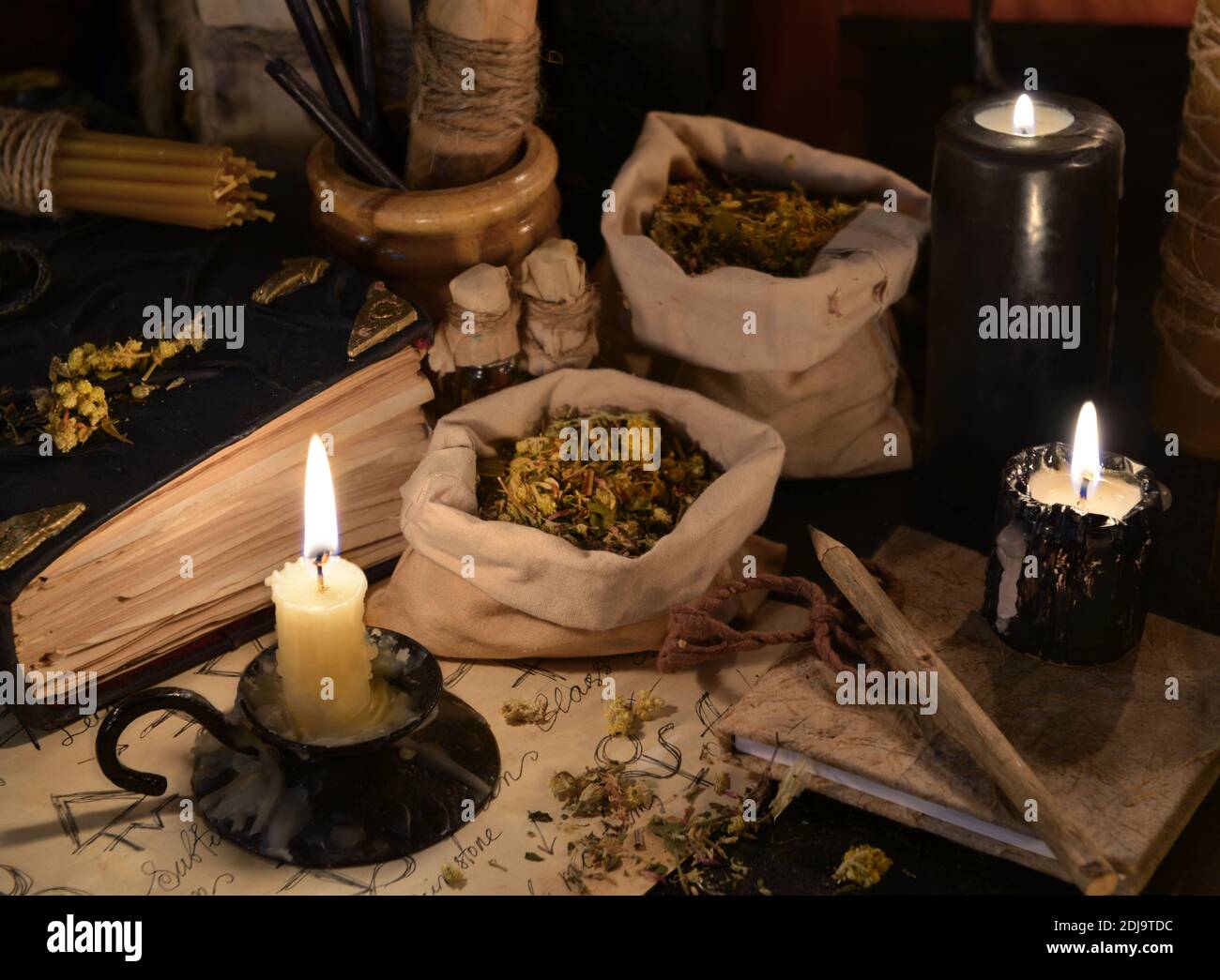 Wicca, esoteric and occult background with vintage magic objects for ...