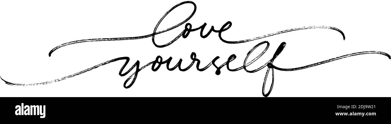 Love yourself black line calligraphy with swashes. Stock Vector