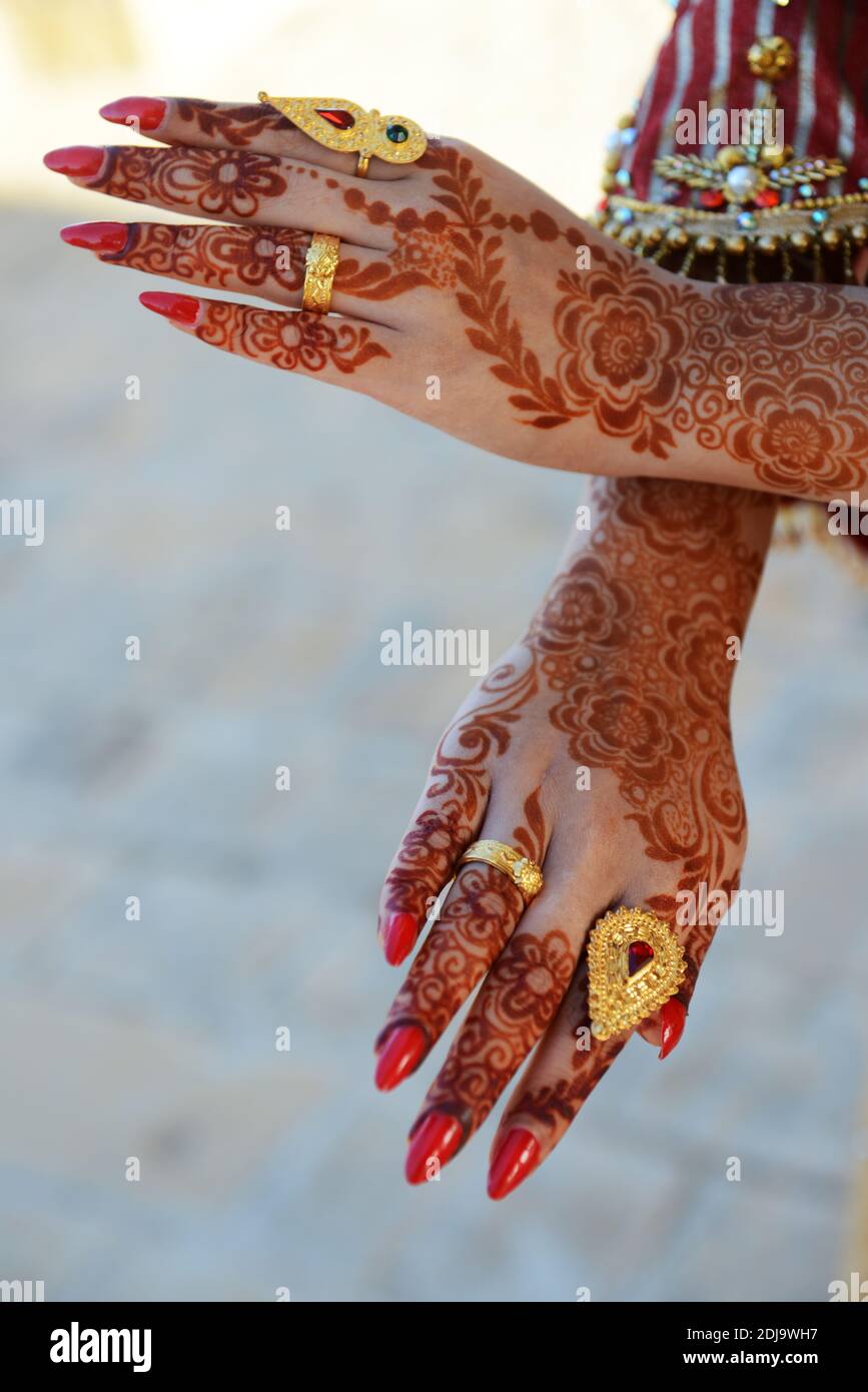 A woman's hand decorated with beautiful Henna designs. Stock Photo